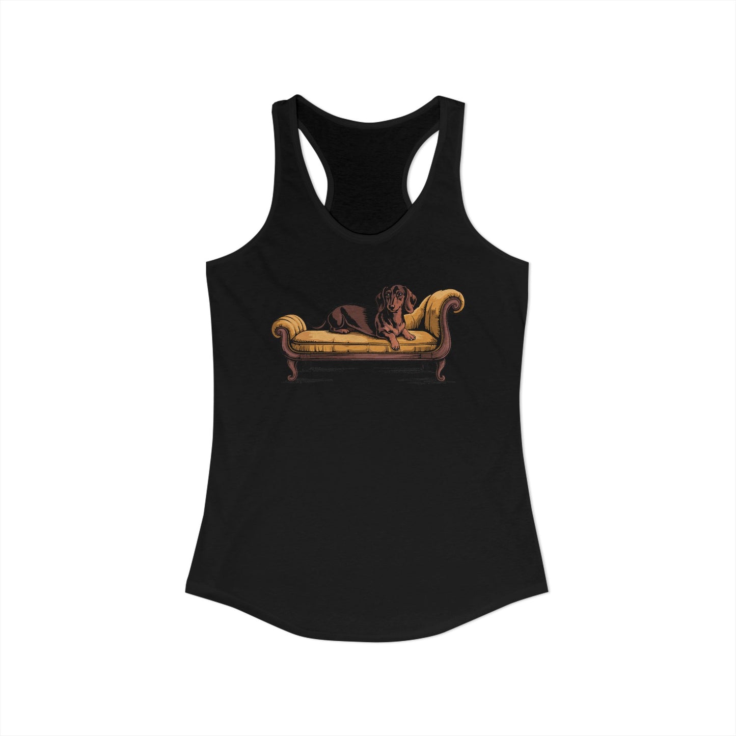 Dachshund Dog on Vintage Chaise Lounge Racerback Tank Top, Women's Wiener Dogs Sleeveless Shirt