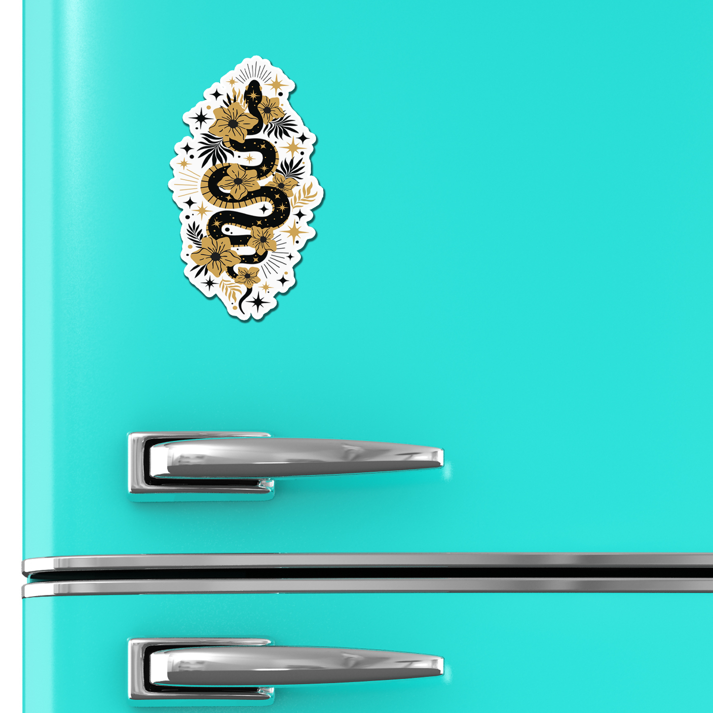 Mystic Black & Gold Snake Magnet - 4" Serpent Vinyl Fridge Car Magnets Indoor Outdoor, Boho Snakes Flowers Floral