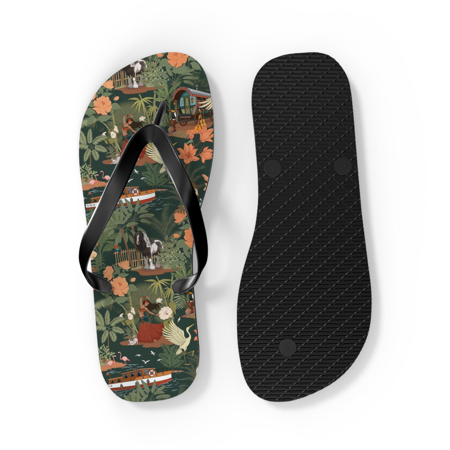 Tropical Nomad Floral Island Flip Flops | Vintage Travel Birds Pattern Sandals