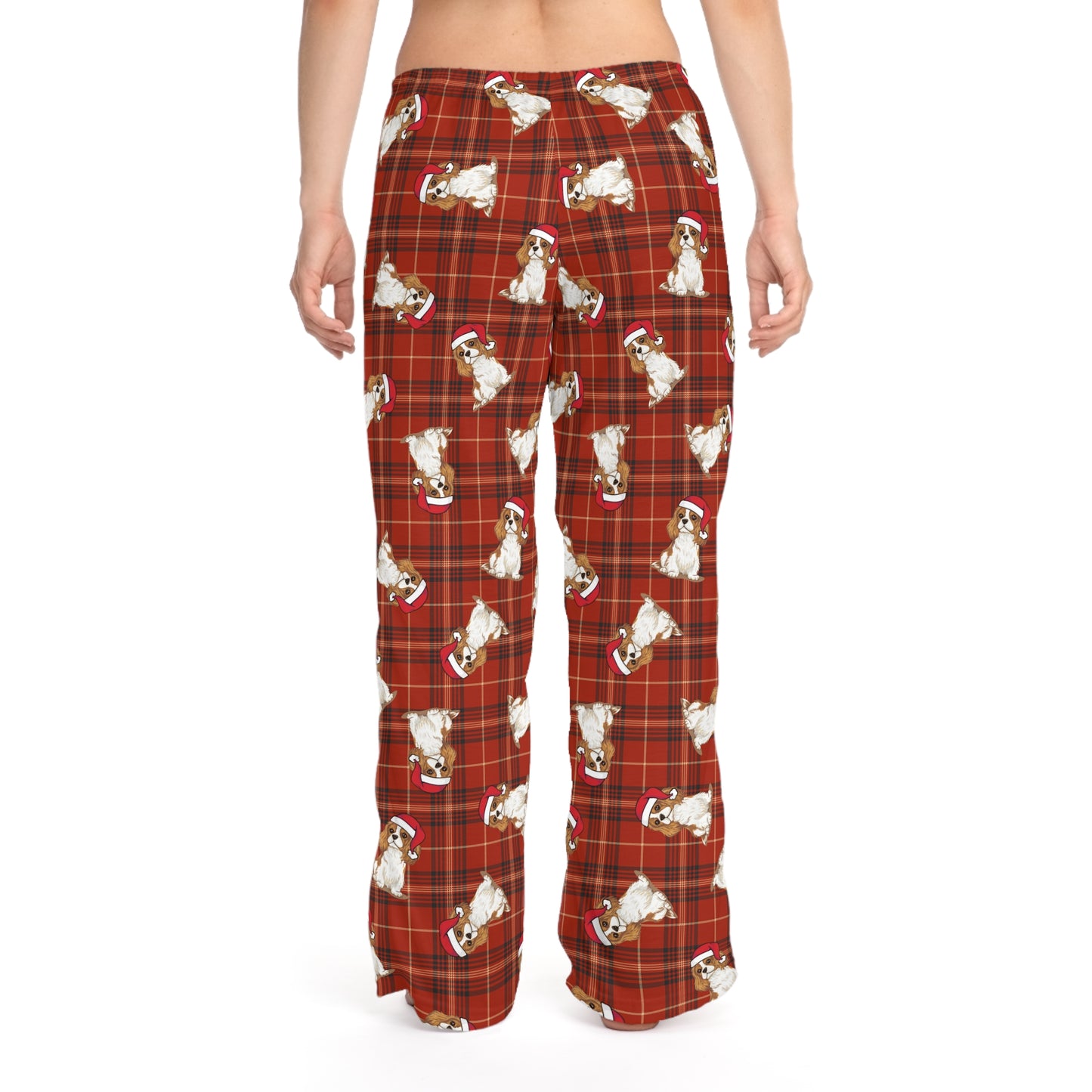 Red Plaid Cavalier King Charles Spaniel Dog  Women's Christmas Pajama Pants, Santa Dogs PJ Bottoms, Winter Loungewear, Holiday Sleepwear