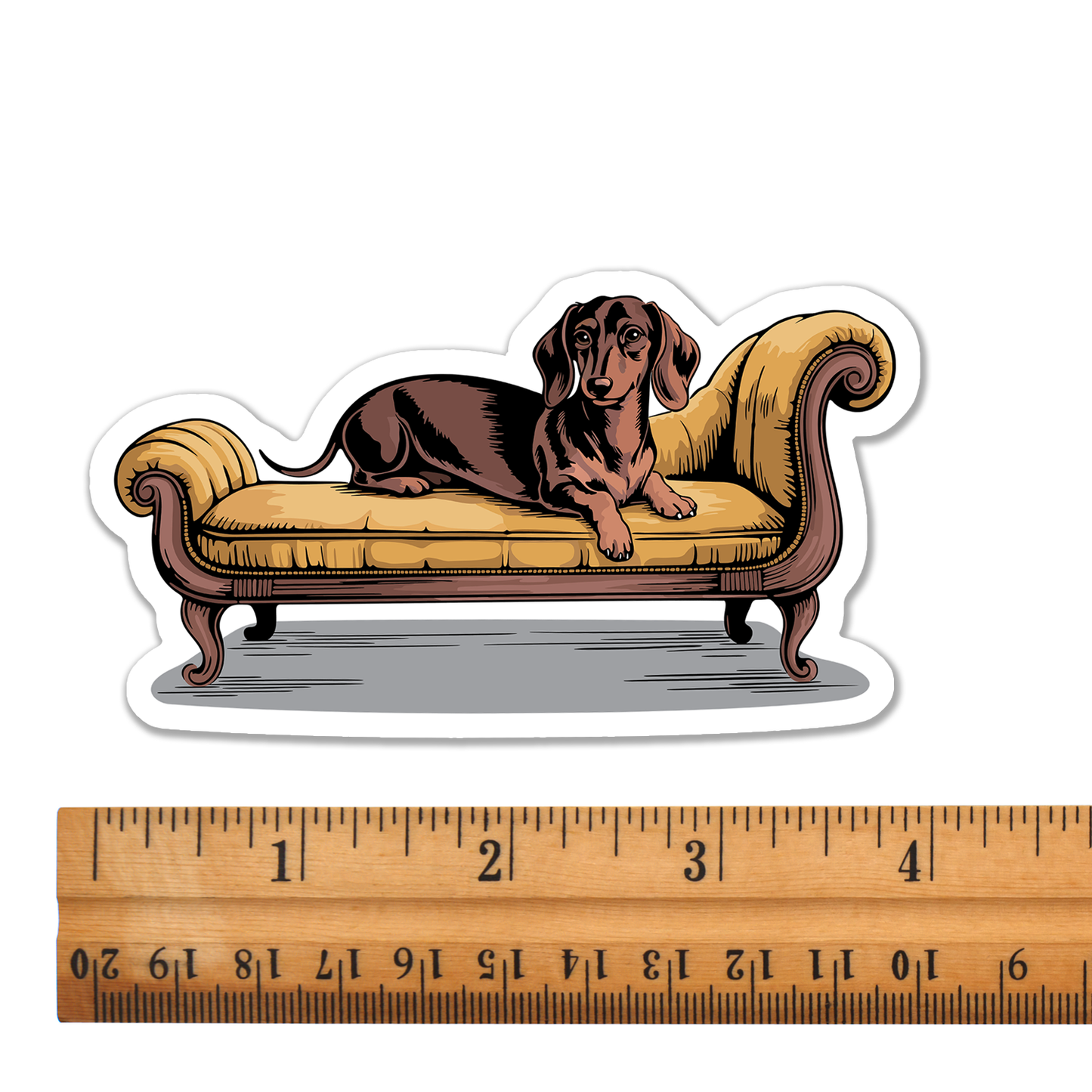 4" Dachshund Dog On Chaise Lounge Sticker - Brown Wiener Dogs Dachshunds Yellow Couch Waterproof Vinyl Decal Stickers