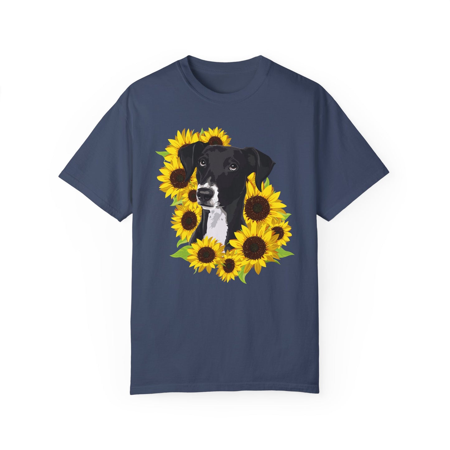 Marley Dog in Sunflowers Garment-Dyed T-shirt with Black Lab and Sunflower Art Print