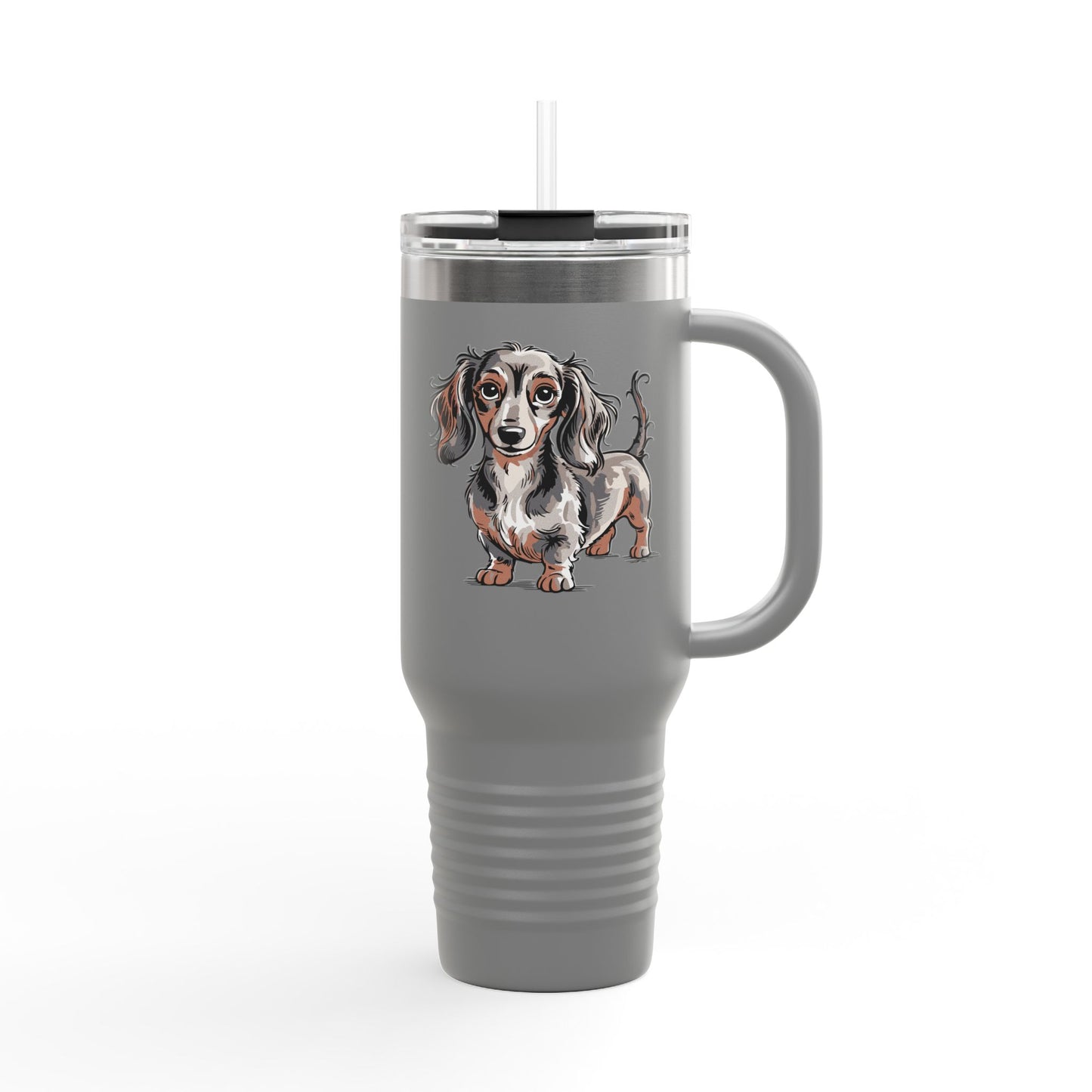 Long Haired Dachshund Dogs Illustration 40oz Travel Mug | Insulated Tumbler Water Bottle with Cute Wiener Dog Artwork
