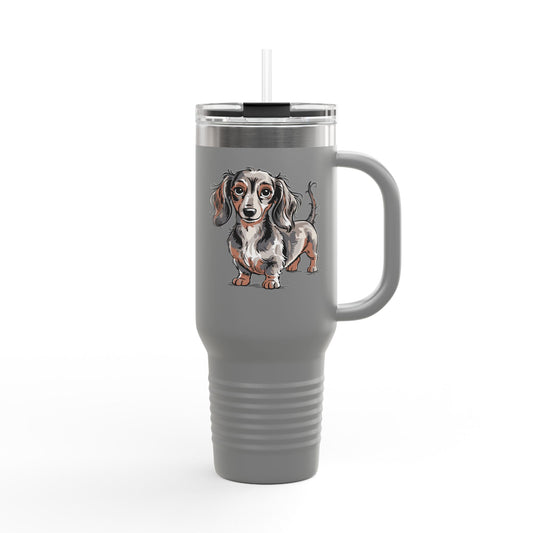 Long Haired Dachshund Dogs Illustration 40oz Travel Mug | Insulated Tumbler Water Bottle with Cute Wiener Dog Artwork