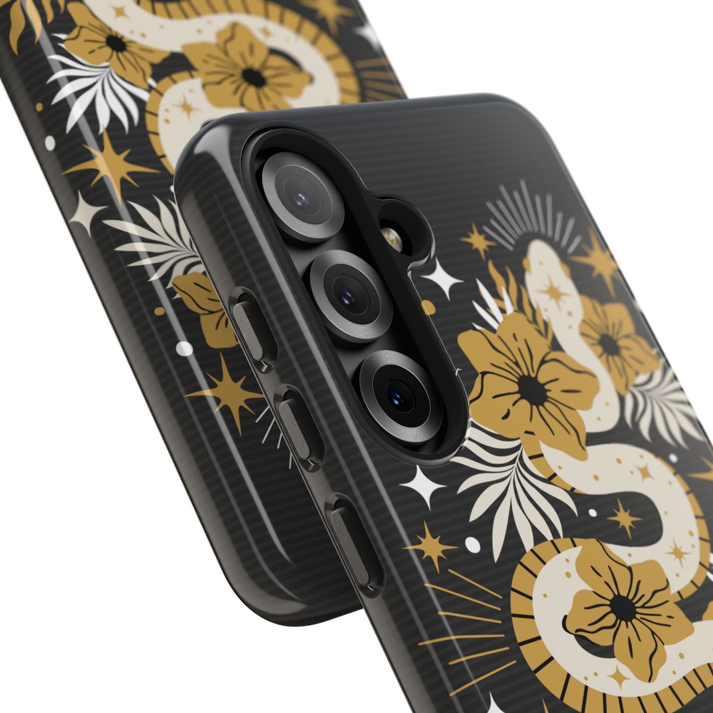 Mystic Snake Cell Phone Case, Black Tough Cases, Protective Floral Golden Serpent Boho Design