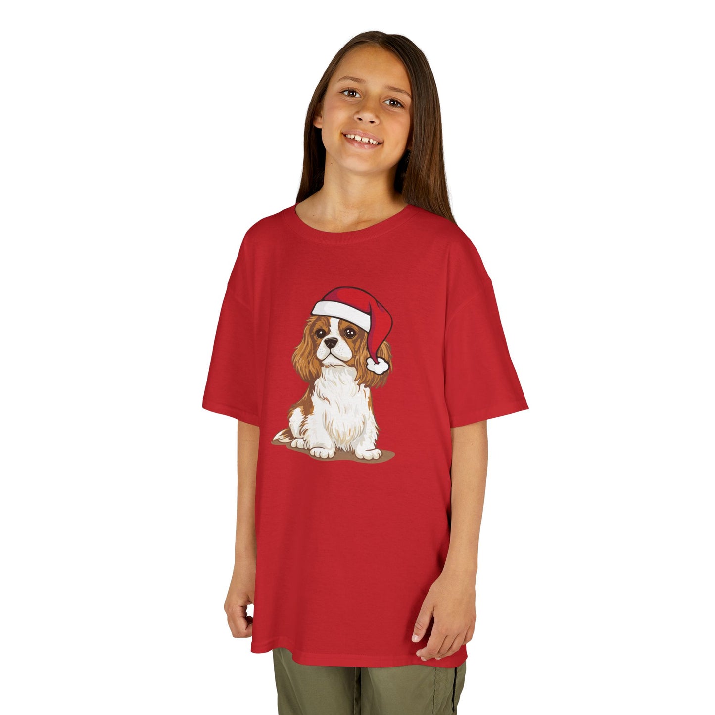 Kids Christmas Dog T-shirt, Santa Cavalier King Charles Spaniel Dogs Tee, Family Holiday Shirts, Children's Xmas Apparel Boys Girls Unisex