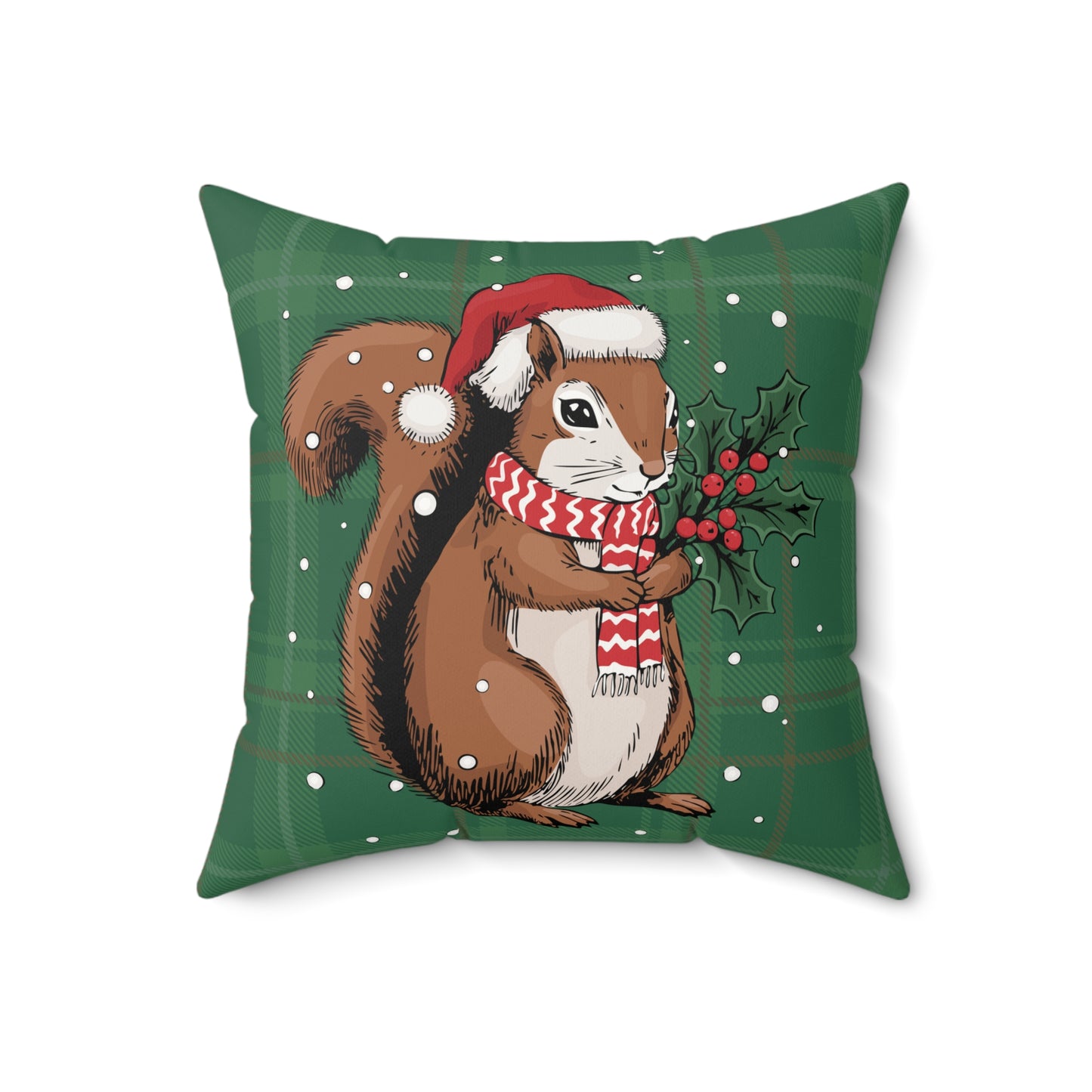Christmas Squirrel Throw Pillow, Santa Squirrels Holiday Home Decor, Faux Suede Green Plaid Cushion Pillows, Xmas Decorations