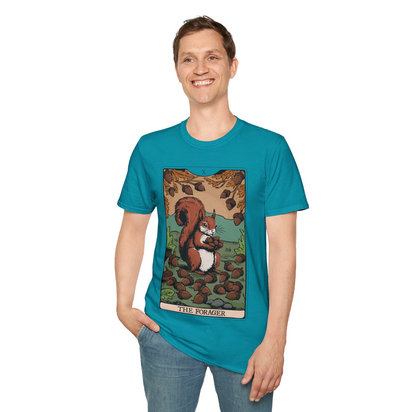 The Forager Squirrel Tarot Card T-shirt Softstyle Graphic Tee with Nut Foraging Squirrels Tarot Card Print