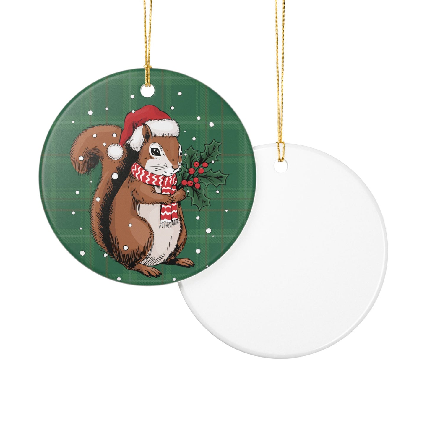 Santa Squirrel Christmas Tree Ornament, Xmas Squirrels Holiday Decorations, Green Plaid Ceramic Ornaments, Woodland Animals Theme Decor