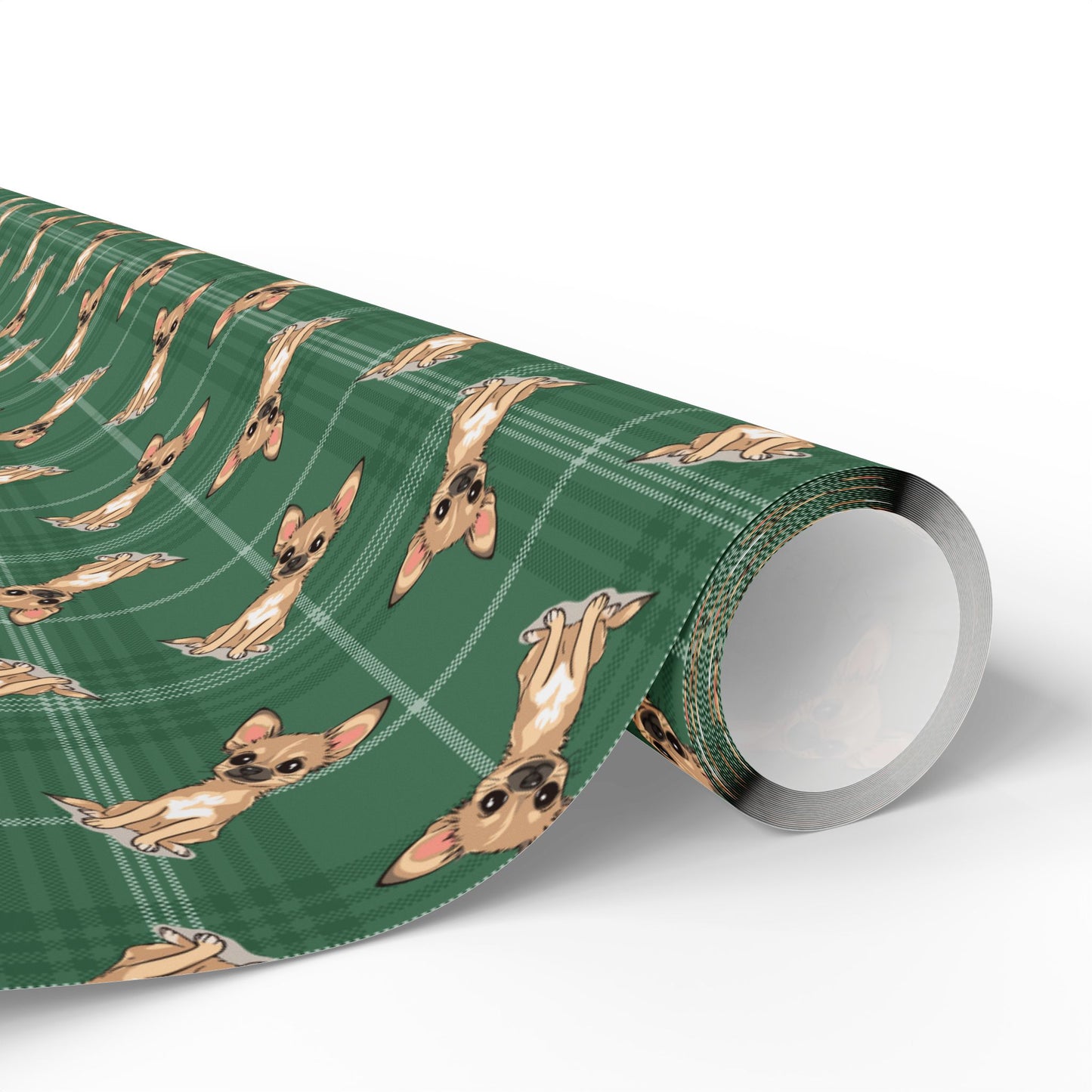 Tan Chihuahua Puppy Dog Wrapping Paper, Green Plaid Dogs Print Gift Wrap Roll, Chihuahuas Christmas Holiday Birthday Matte Wrapping Papers