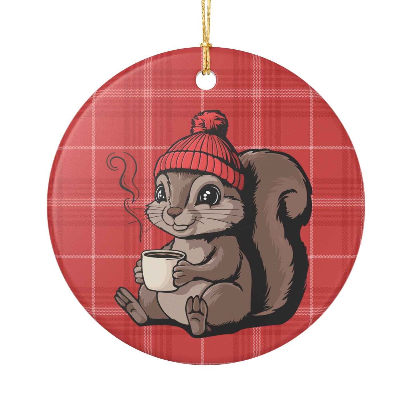 Cozy Squirrel Christmas Tree Ornament, Xmas Squirrels Holiday Decorations, Red Plaid Ceramic Ornaments, Woodland Animals Theme Decor