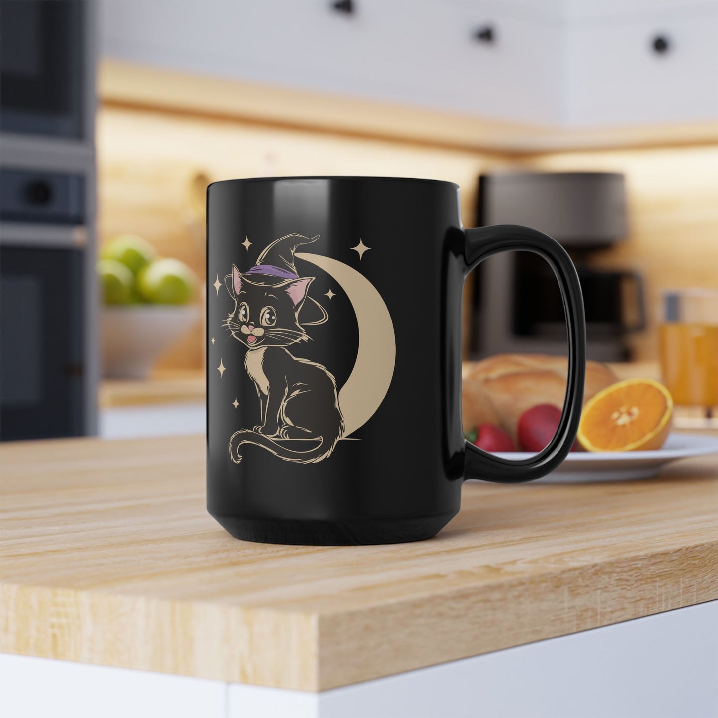 Witchy Kitty Black Ceramic Coffee Mug (11oz, 15oz) with Halloween Black Cat with Witch Hat & Moon Print