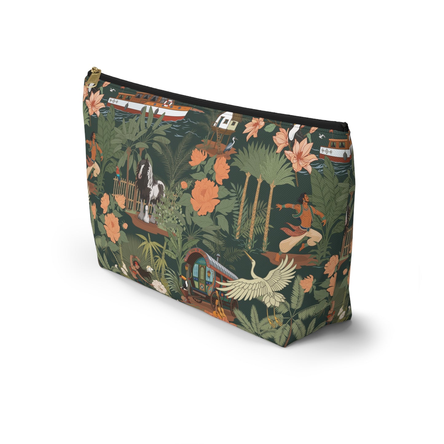 Tropical Nomad Floral Birds Makeup Bag Accessory Pouch, Green Island Palms Travel Cosmetics Zipper Case
