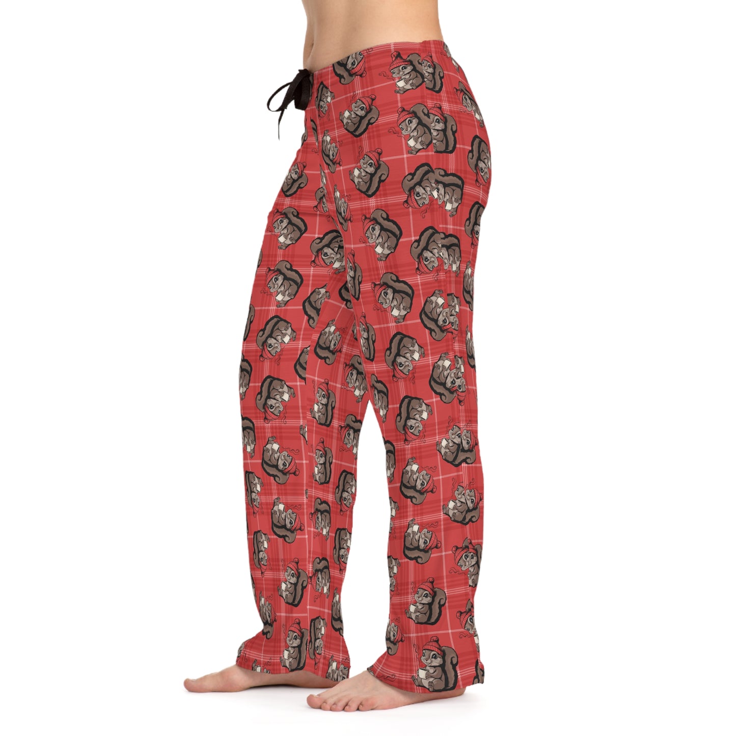Cozy Squirrels Women's Pajama Pants, Squirrel Red Plaid PJ Bottoms, Fall Winter Loungewear, Matching Christmas Holiday Sleepwear