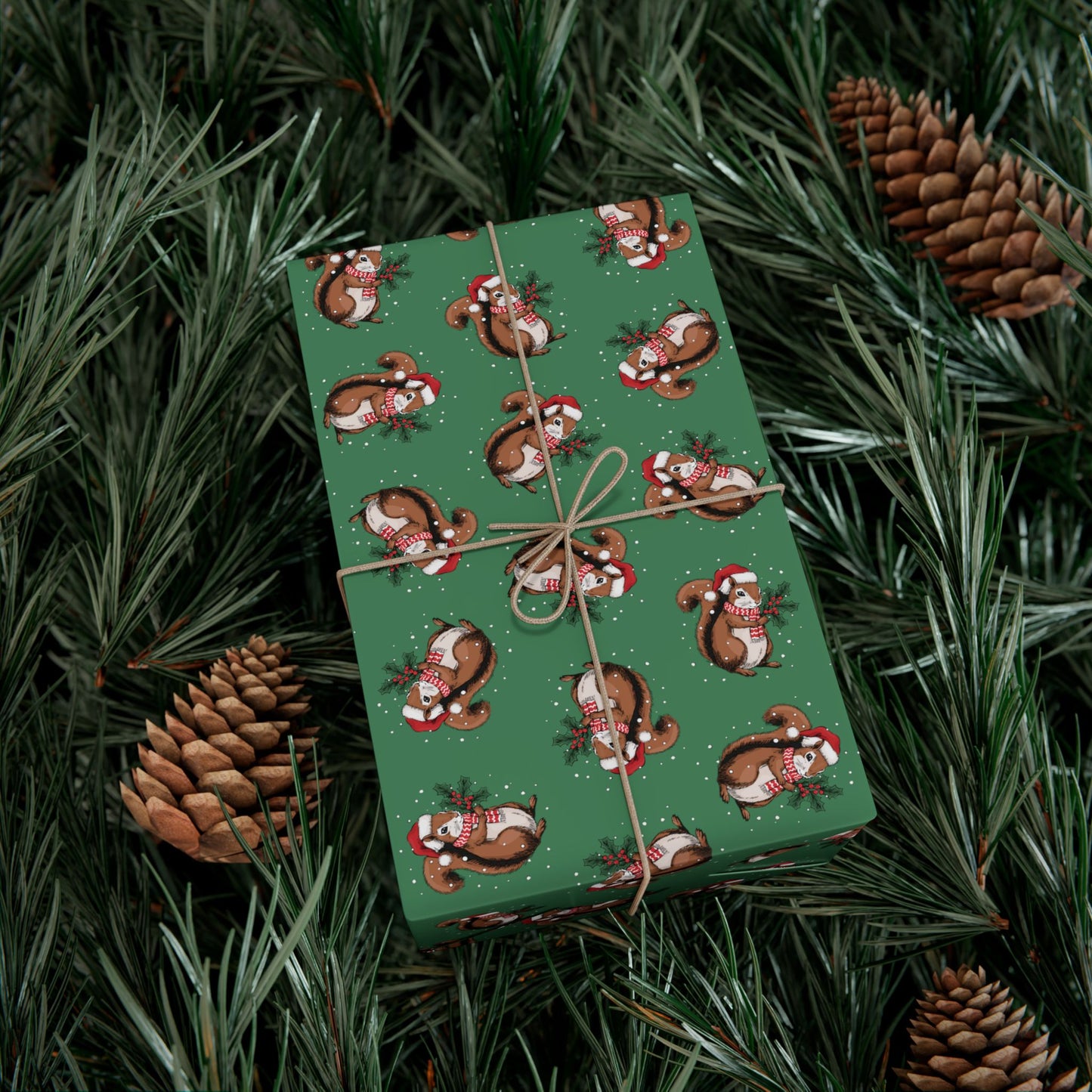 Squirrel Christmas Wrapping Paper, Festive Squirrels Print, Cheery Green Holiday Gift Wrap With Snowy Xmas Squirrel In Santa Hat
