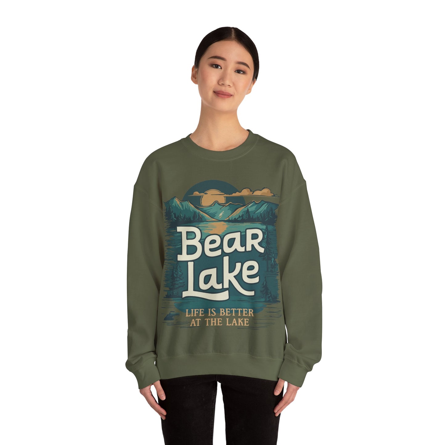 Bear Lake Scenic Mountain View Crewneck Sweatshirt with Utah Idaho Vacation Destination, Mens Womens Pullover Sweatshirts