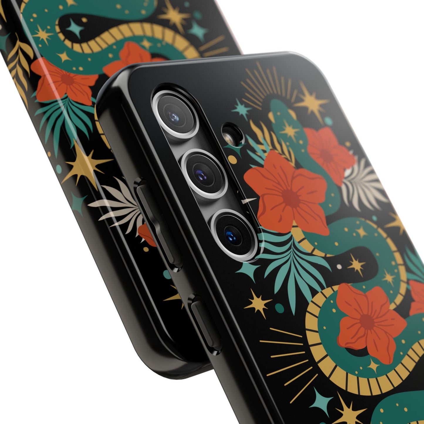 Mystic Snake Cell Phone Case, Black Tough Phone Cases Boho Serpent Snakes Floral Design