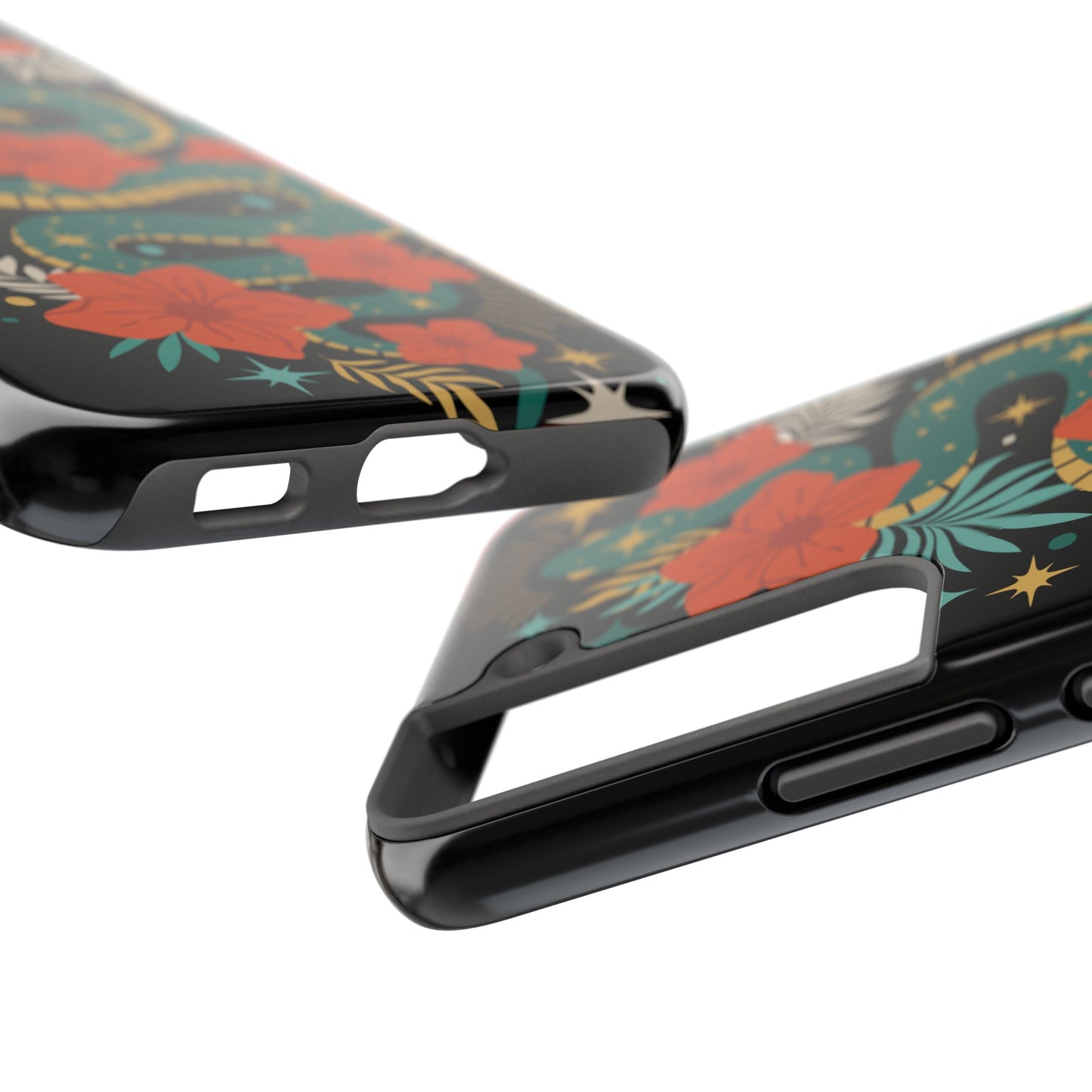 Mystic Snake Cell Phone Case, Black Tough Phone Cases Boho Serpent Snakes Floral Design