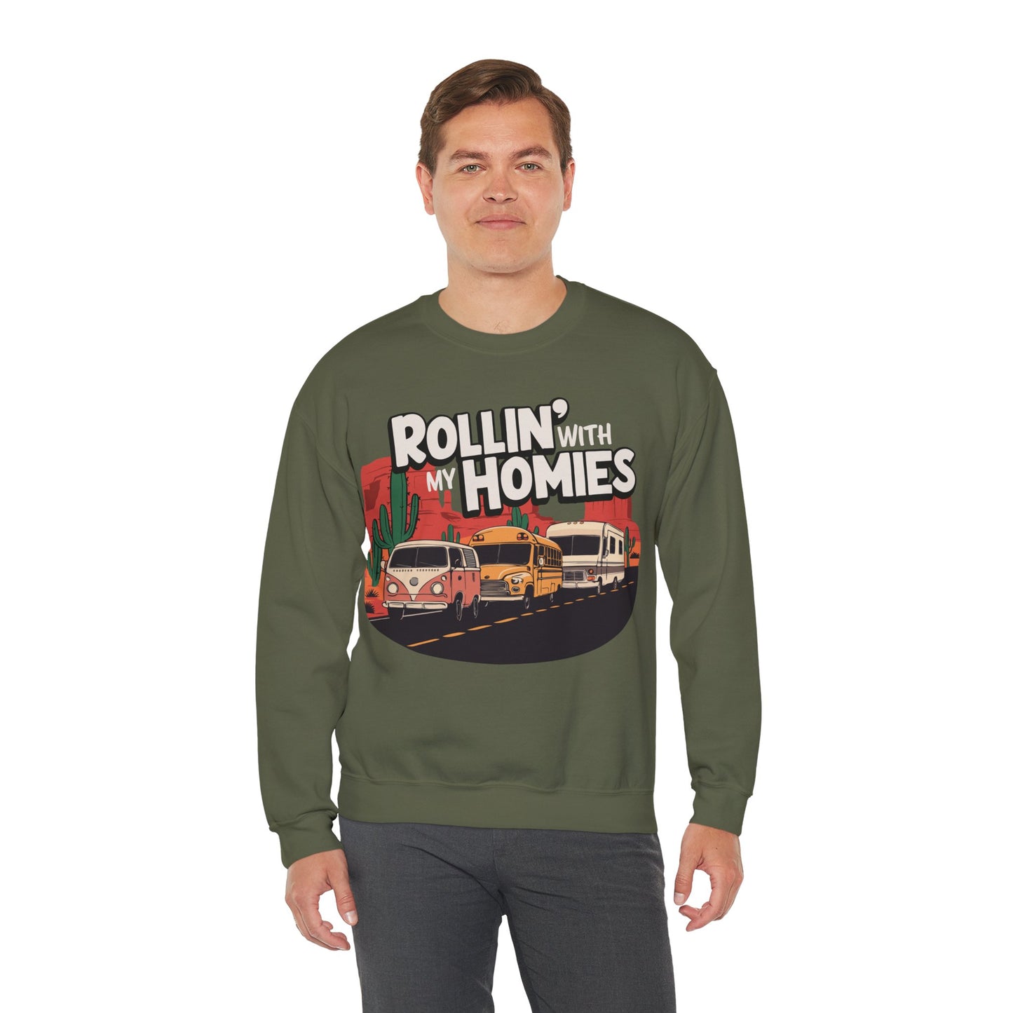 Rollin' With My Homies Sweatshirt Van Skoolie RV Vanlife Caravan in the Desert Black Long Sleeve Crewneck Sweatshirts Pullover Sweater