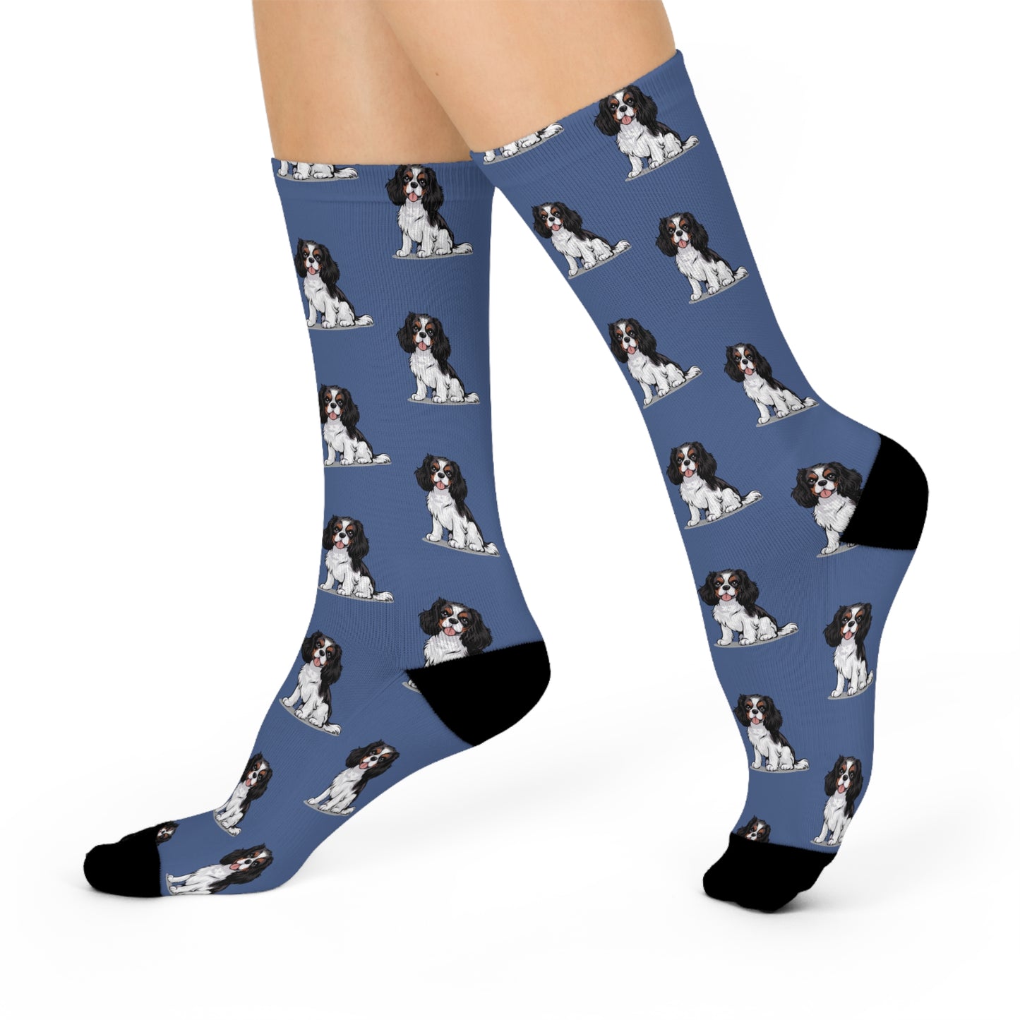 Charlie Tricolor Cavalier King Charles Spaniel Dog Pattern Blue Cushioned Crew Socks with Pet Dog Cavalier Puppy Print
