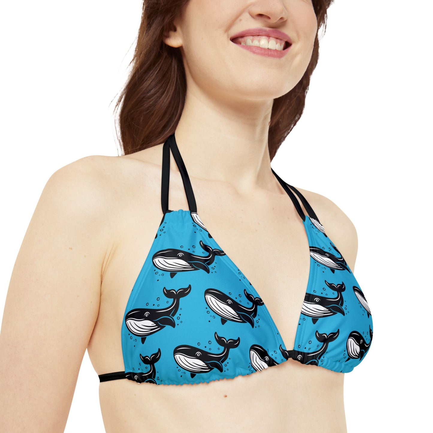 Turquoise Whale Print 2 Piece Strappy Bikini Set Womens Swimwear with Sea Animal Marine Life Whale Design Print