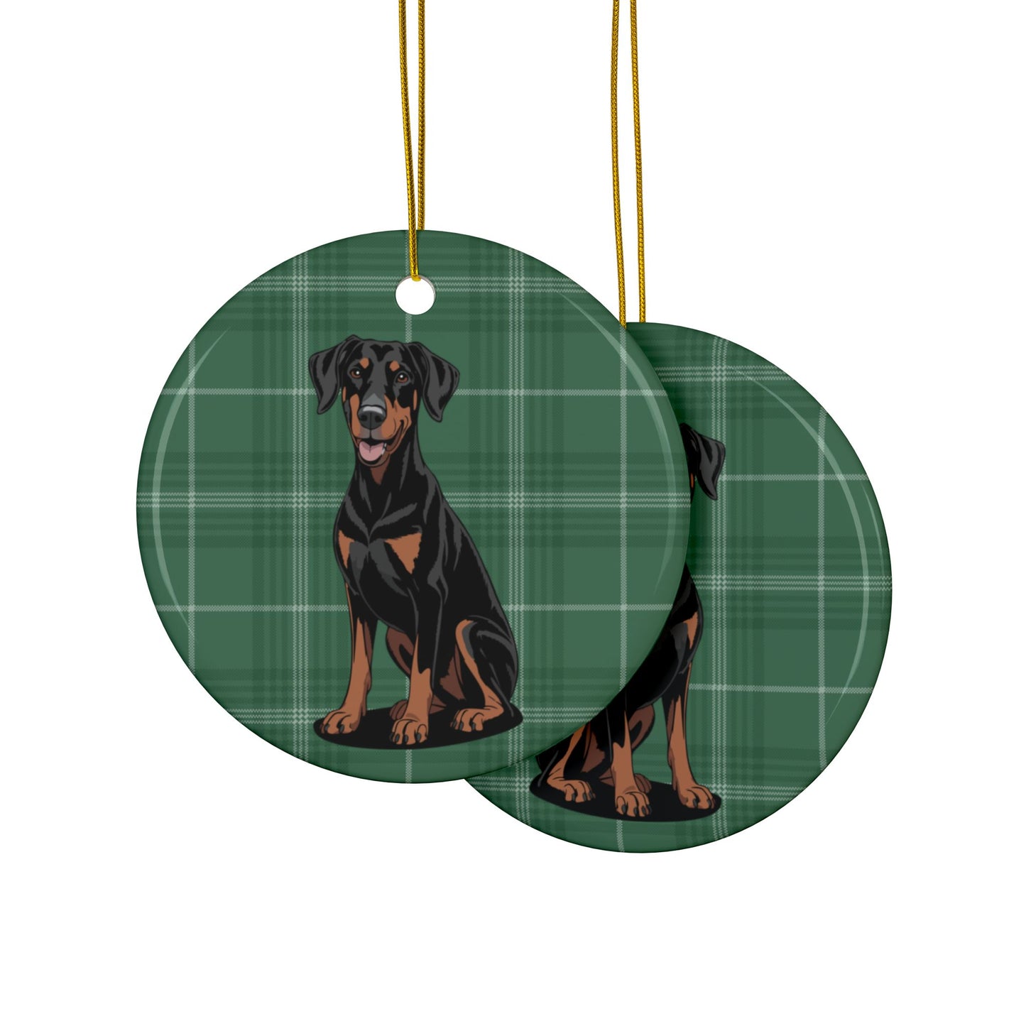 Doberman Pinscher Dogs Green Plaid Christmas Tree Ornament, Festive Xmas Holiday Decorations 1, 3, 5, 10 Pack Ornaments