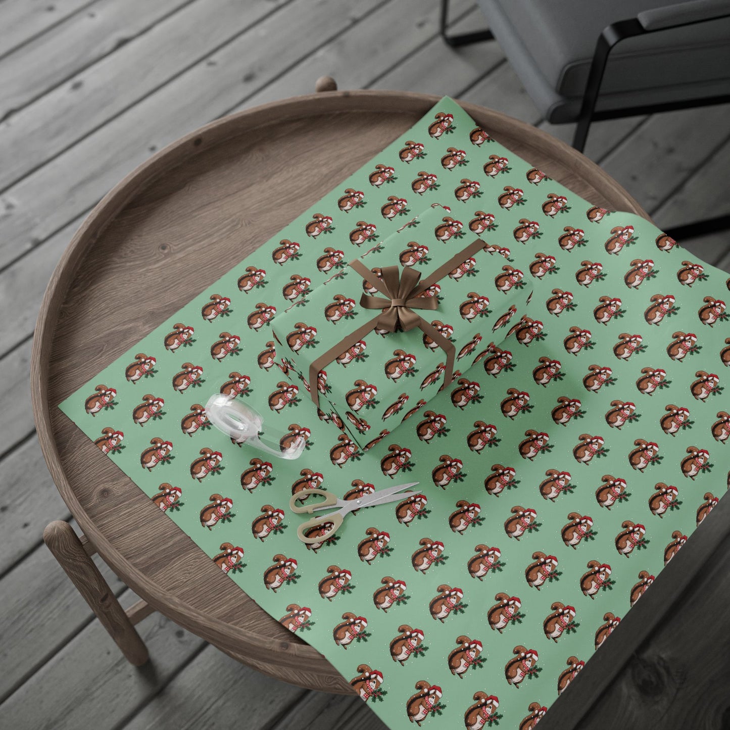 Squirrel Christmas Wrapping Paper, Festive Squirrels Print, Cheery Sage Green Holiday Gift Wrap With Snowy Xmas Squirrel In Santa Hat