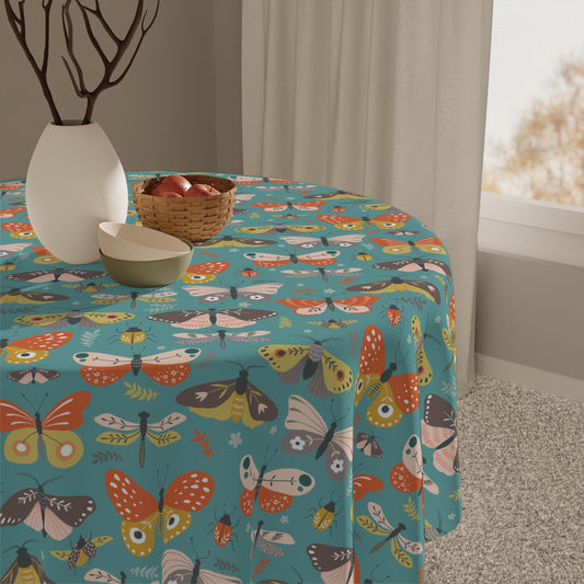 Flutter Frolic Moth, Butterfly, Dragonfly Bug Print Tablecloth - 55x55" Square Fabric Table Cloth with Cute Insect Pattern