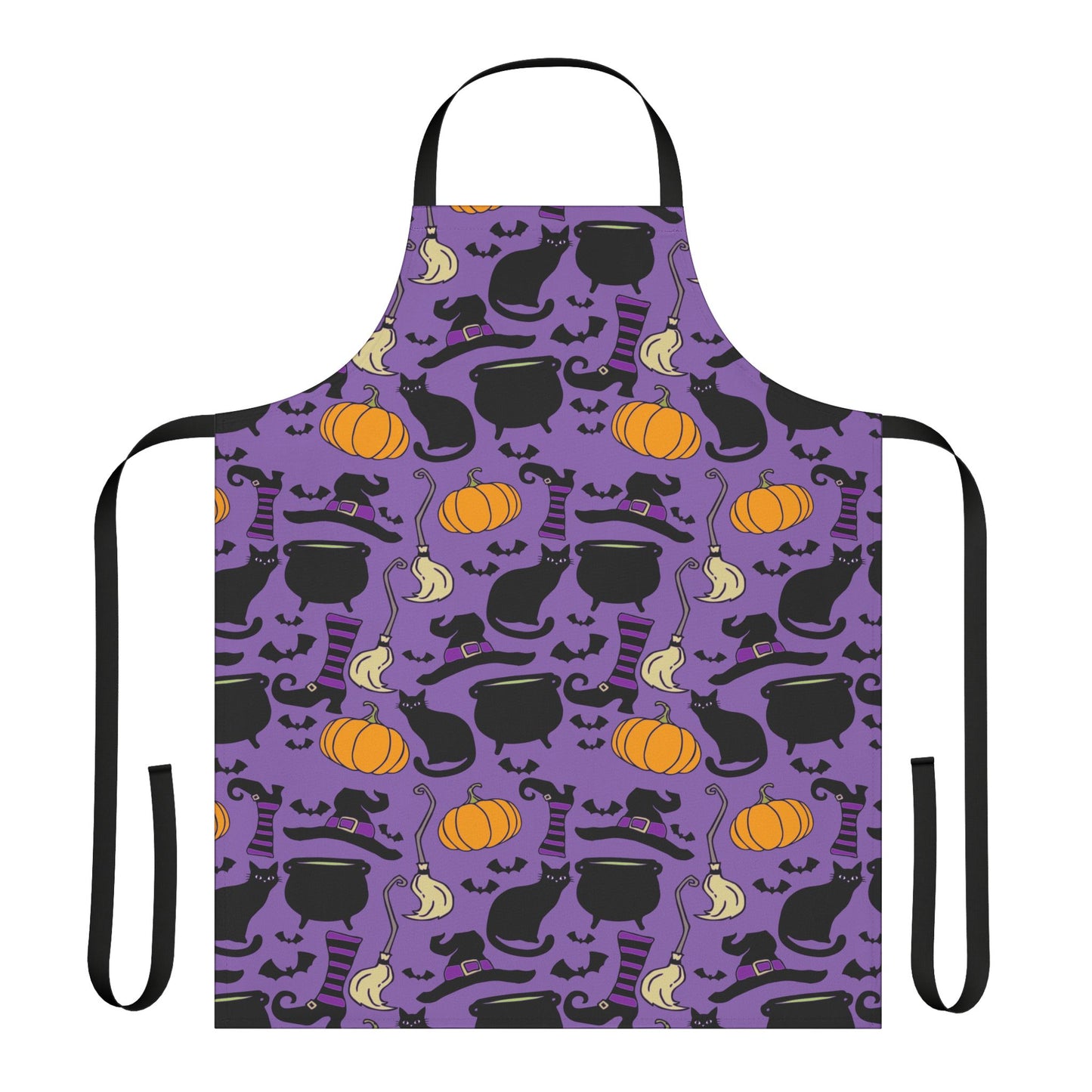 Witchy Things Halloween Kitchen Apron - Cooking Aprons with Spooky Witch Hats, Brooms, Black Cats, Pumpkins, Bats, Cauldrons