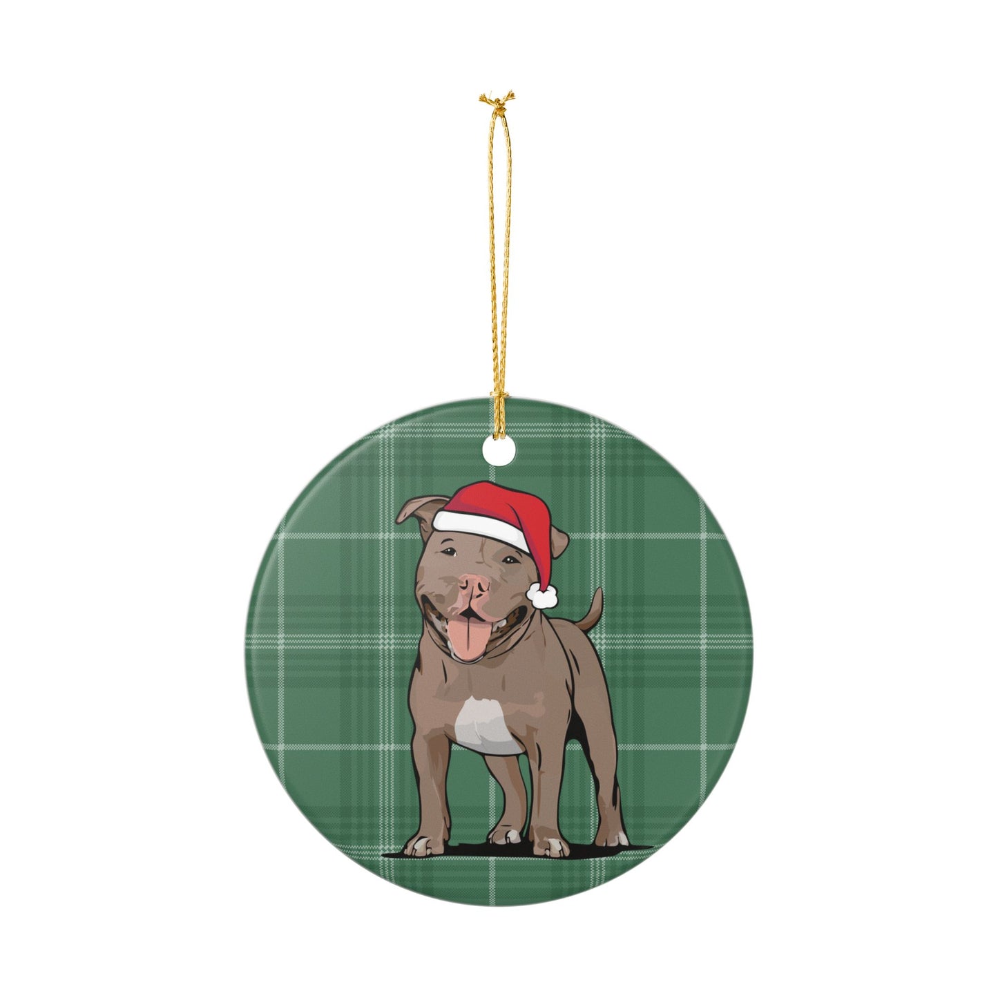 Santa Pit Bull Dog Christmas Tree Ornament, Xmas Pitbull Dogs Holiday Decorations, Pet Lover Gift, Green Plaid Ceramic Ornaments