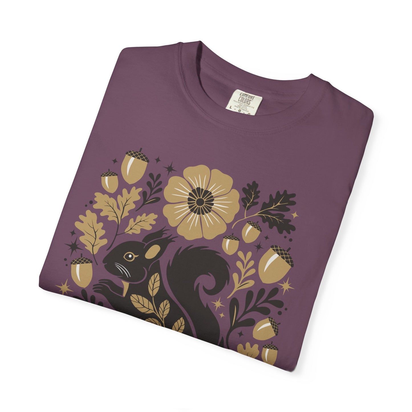 Woodland Squirrel Illustration T-shirt | Floral Acorn Nature Design Squirrels Tee, 100% Cotton Short Sleeve Shirts