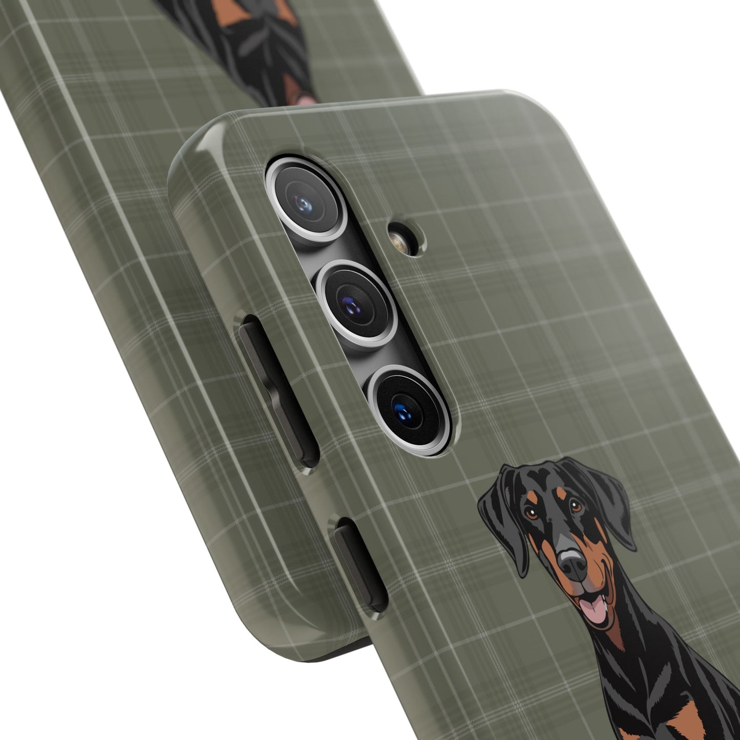 Doberman Pinscher Dog Phone Case, Tough Phone Cases Pet Dogs Green Plaid Pattern