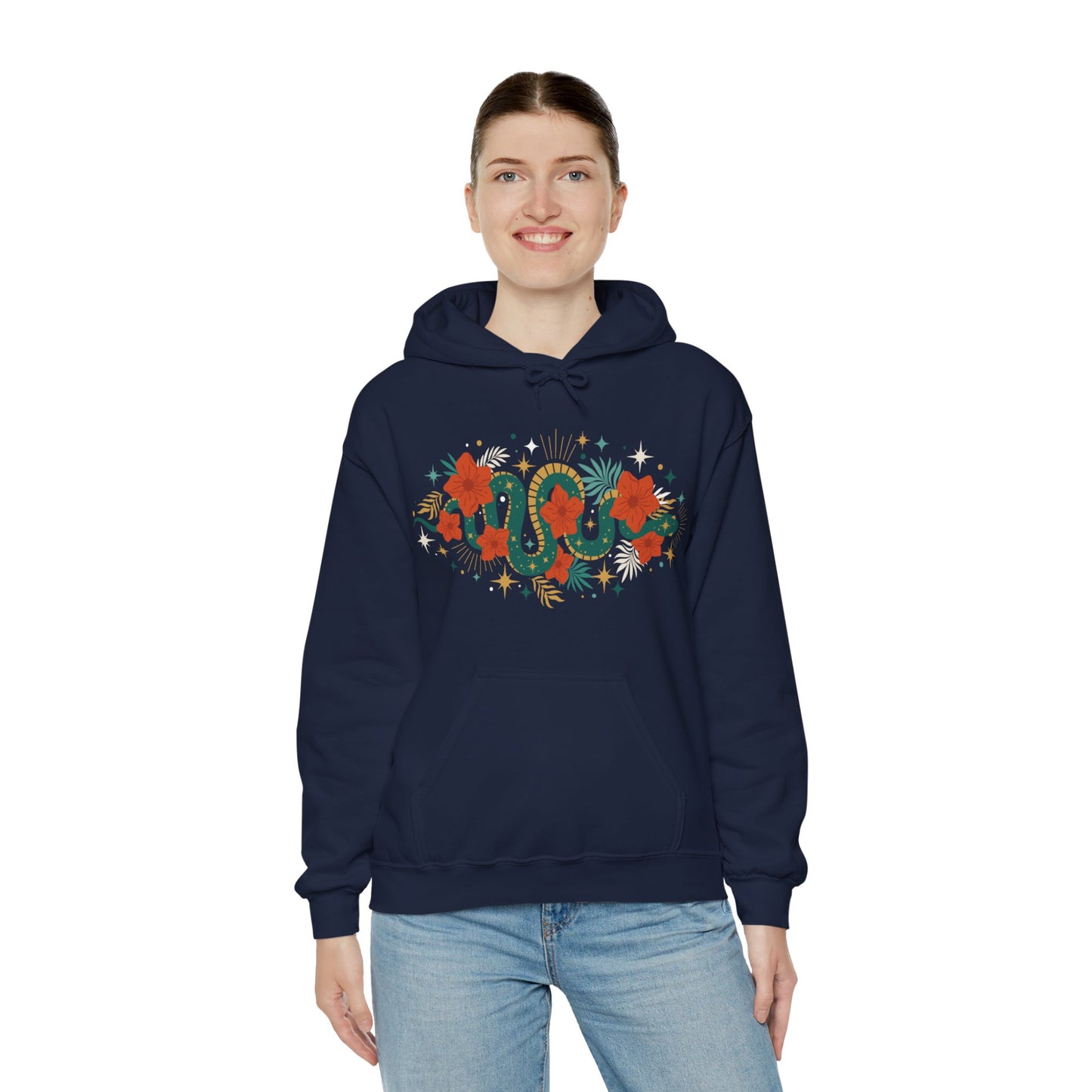 Mystic Jade Snake & Flower Unisex Hoodie, Boho Pullover Hooded Sweatshirt, Bohemian Witchy Snake Print Hoodies