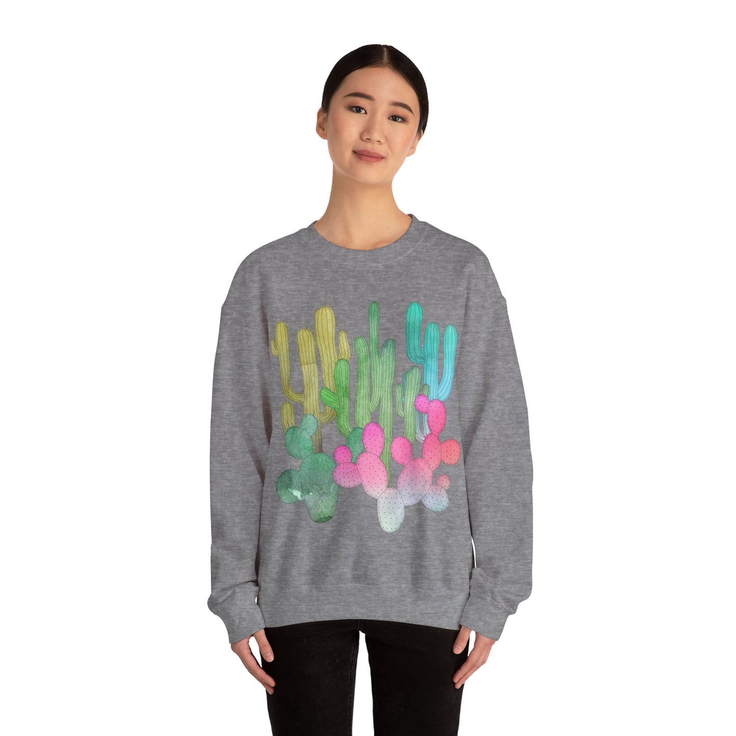 Cactus Garden Arizona Desert Crewneck Pullover Sweatshirt Colorful Saguaro Cactus Print