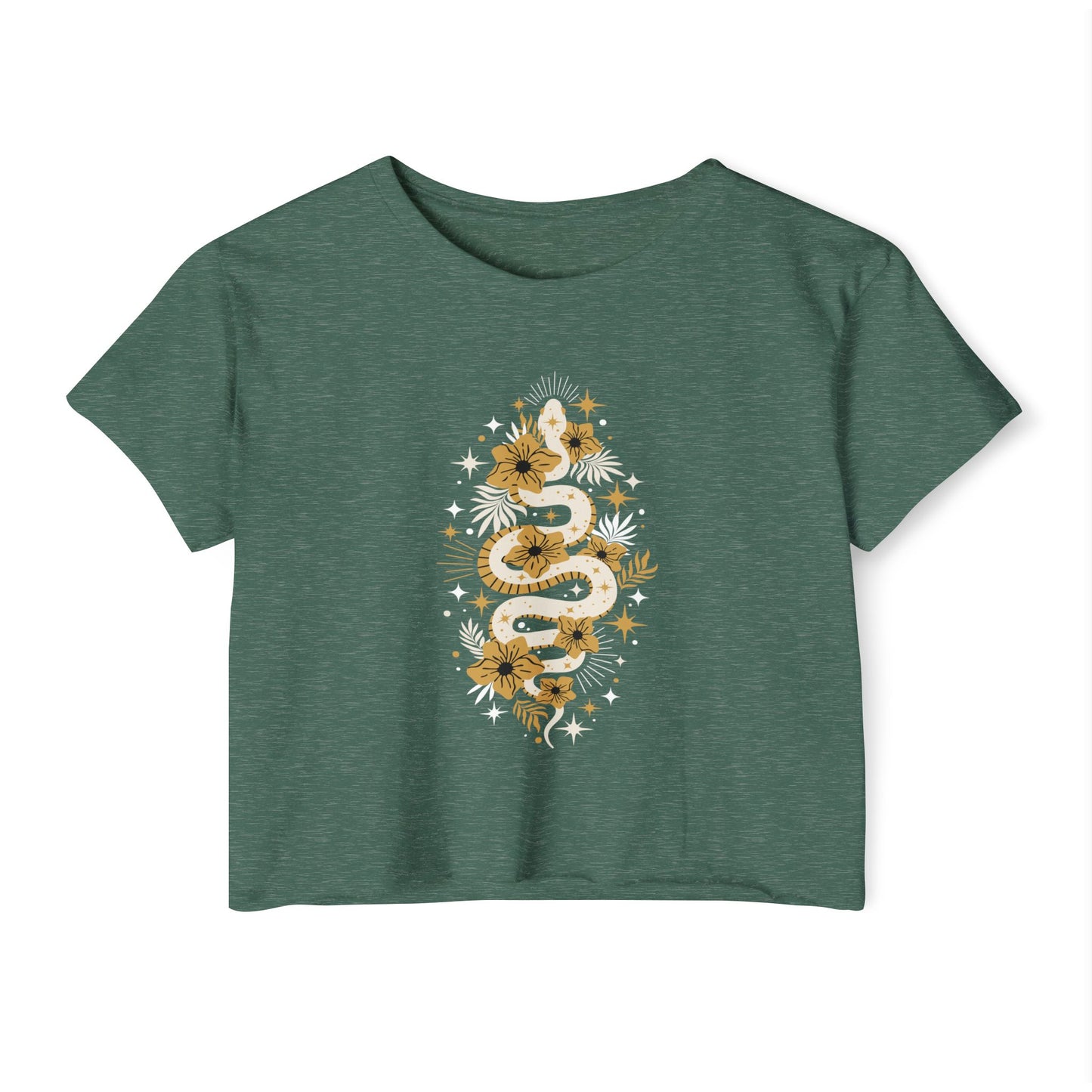 Mystic Golden Snake Women's Boho Crop Top, Festival T-shirt, Bohemian Serpent Shirt, Hippie Tee, Occult Cropped Shirt, Festival Clothing