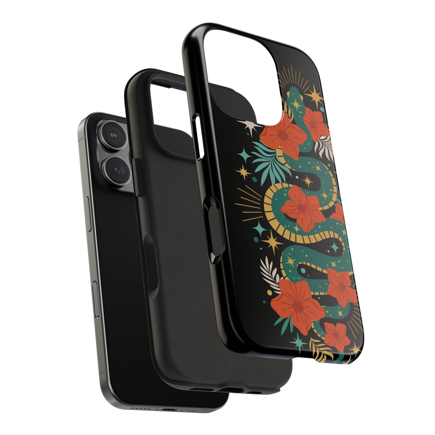 Mystic Snake Cell Phone Case, Black Tough Phone Cases Boho Serpent Snakes Floral Design