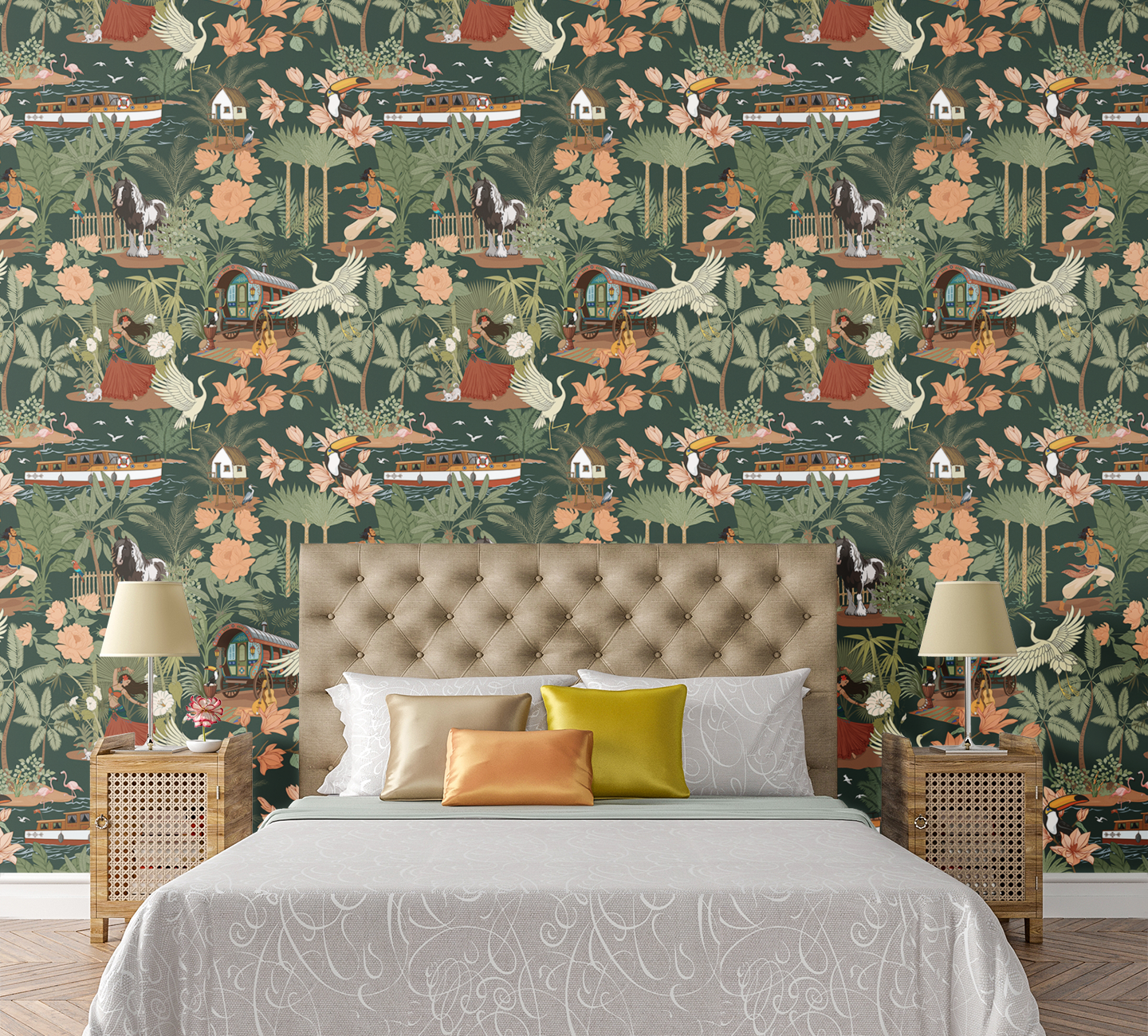 Tropical Nomad Deep Emerald Wallpaper - Botanical Floral Home Decor Wall Paper