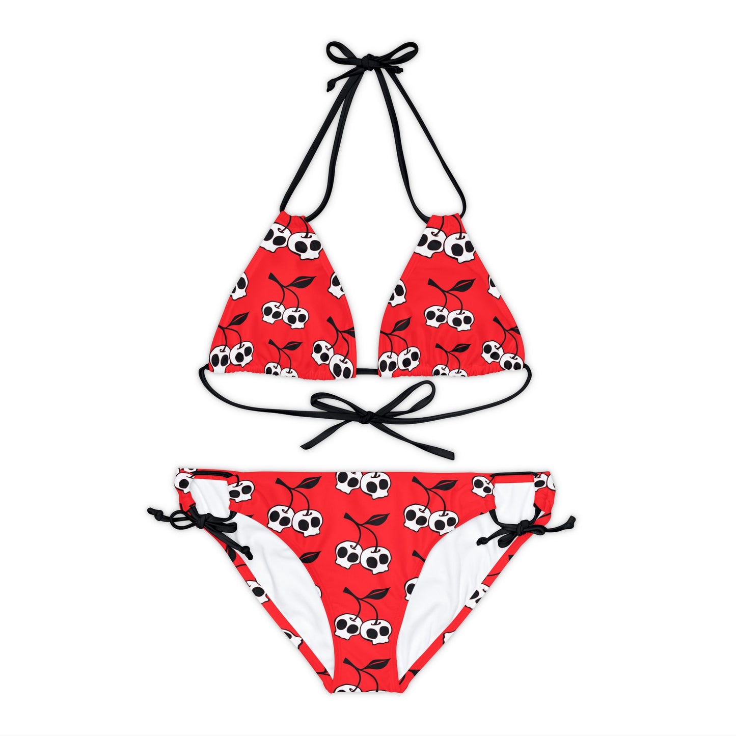 Cherry Skulls Red Strappy Bikini Set - 2 Piece Swimsuit Top & Bottom with Cherries Skull Print Women's Swimwear