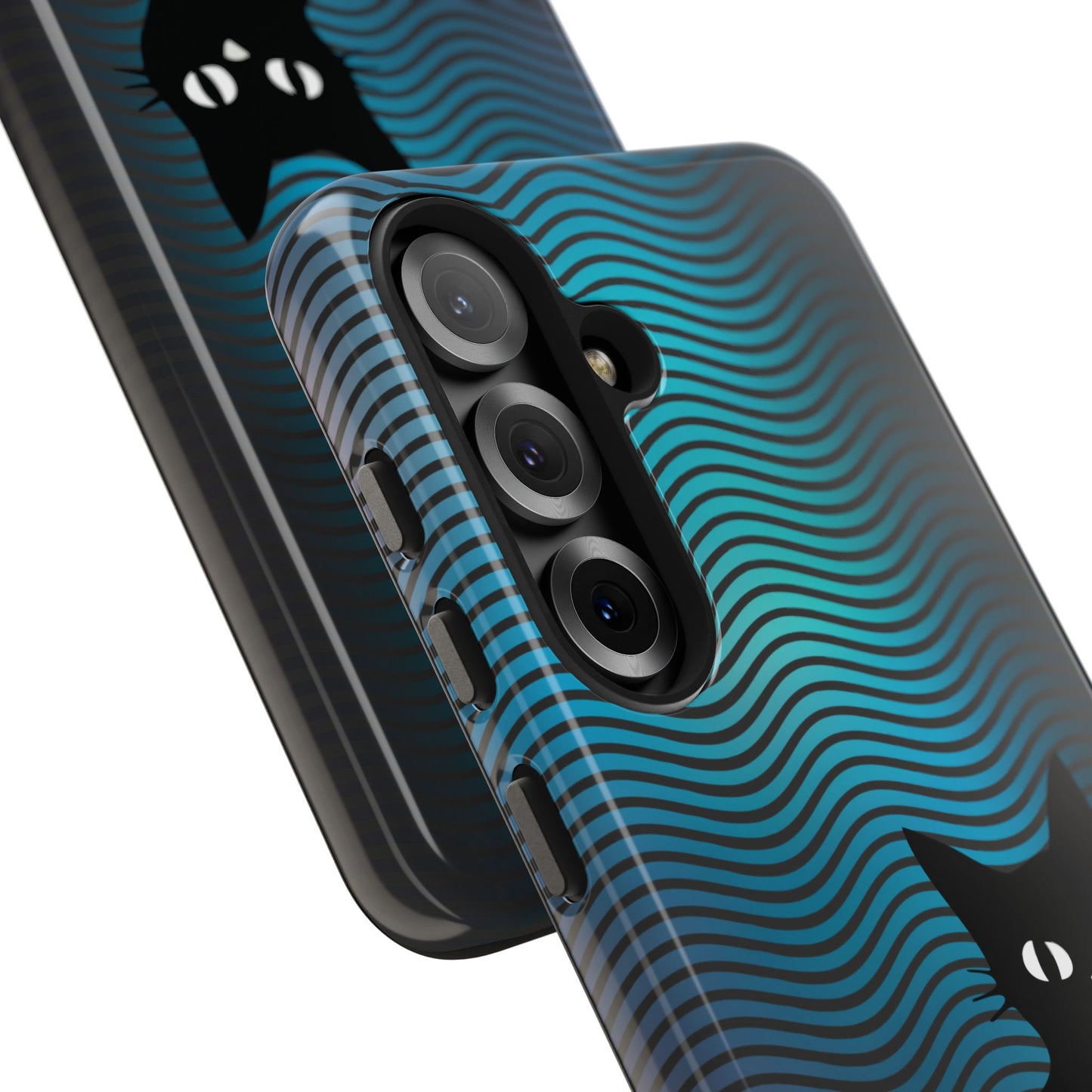 Black Cat Cell Phone Case | Peeking Kitty Graphic on Wavy Teal Background