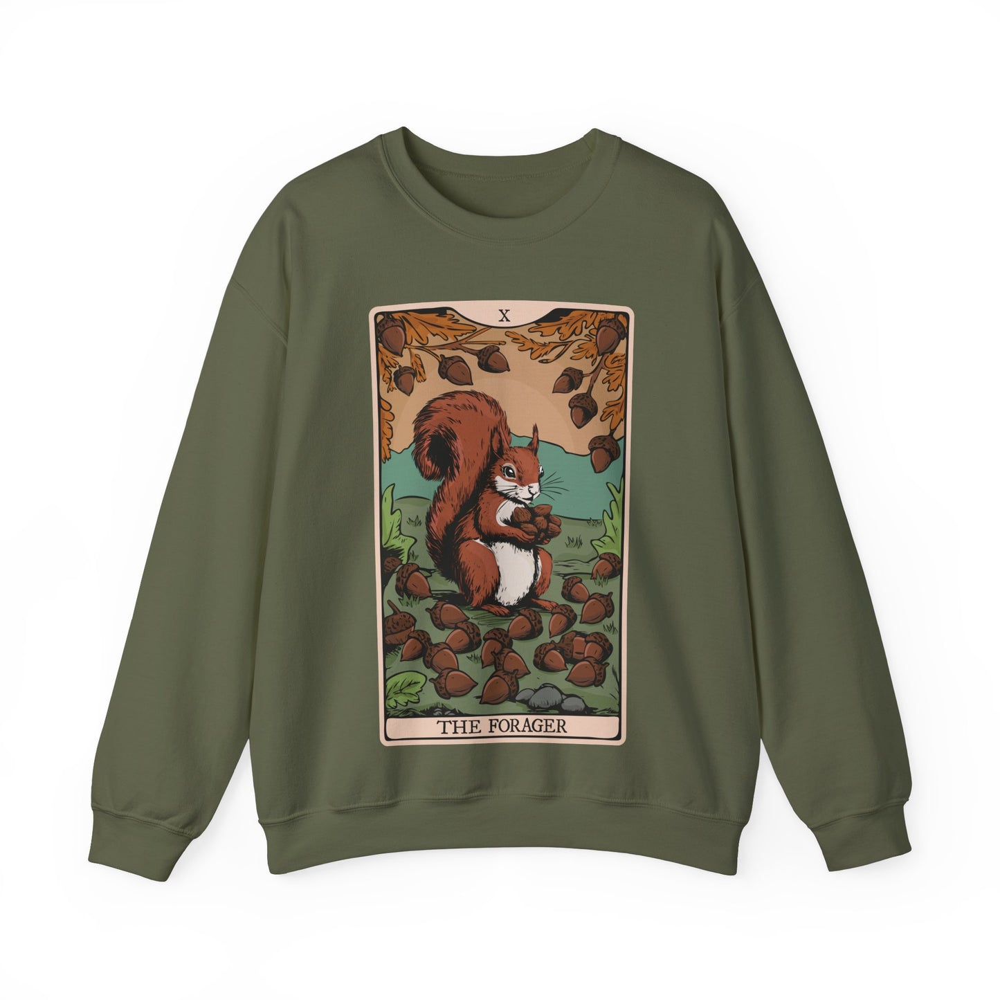 The Forager Squirrel Tarot Card Crewneck Sweatshirt, Long Sleeve Pullover Sweatshirts with Nut Foraging Squirrels Tarot Cards Print