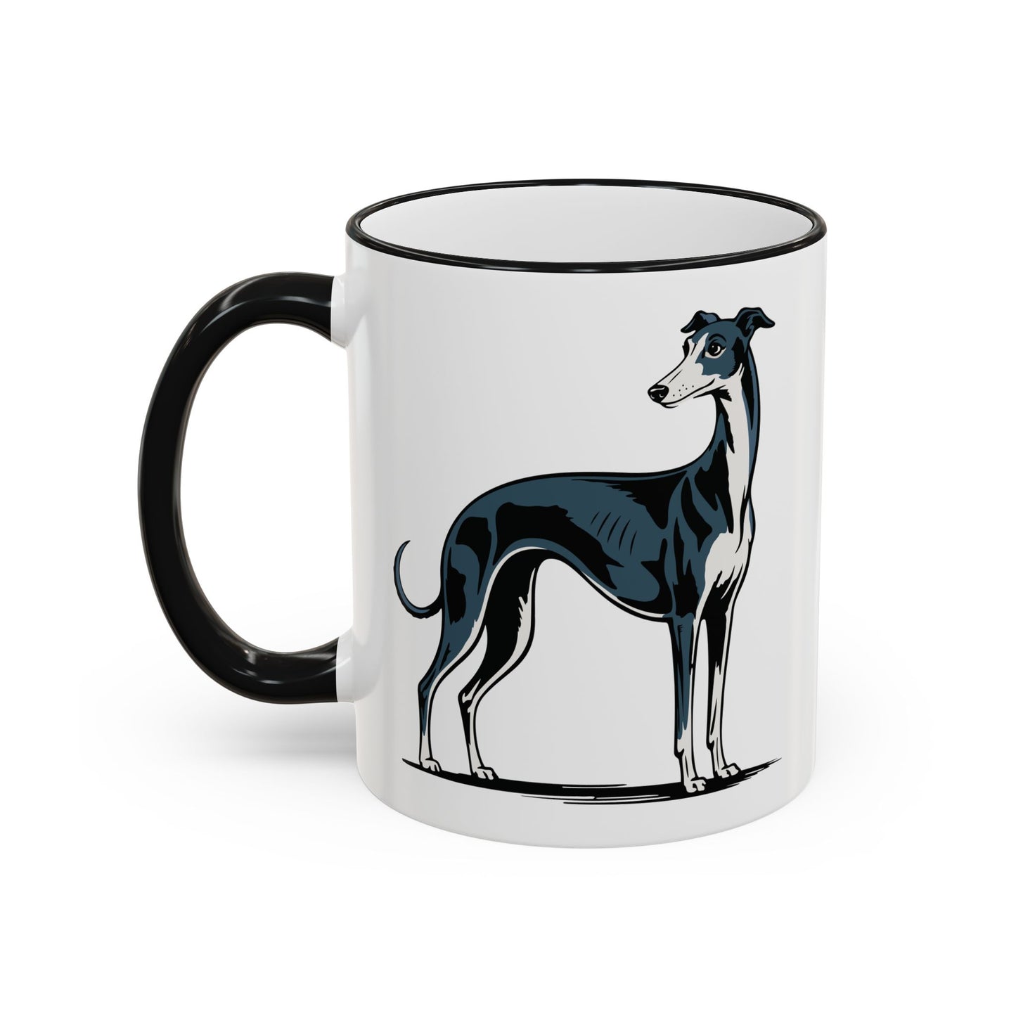Elegant Greyhound Dogs Illustration Mug | 11 oz Ceramic Coffee Cup Mugs Black Accent Rim & Handle, Greyhounds Dog Print
