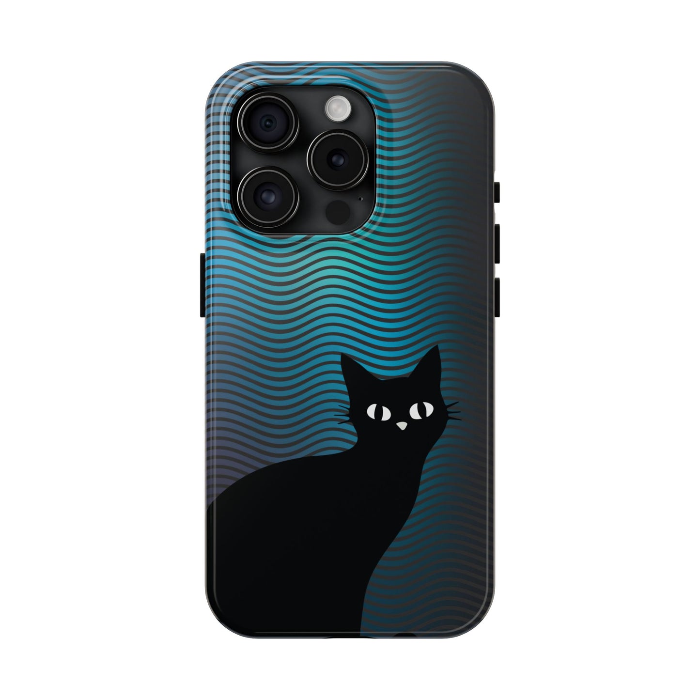 Black Cat Cell Phone Case | Peeking Kitty Graphic on Wavy Teal Background