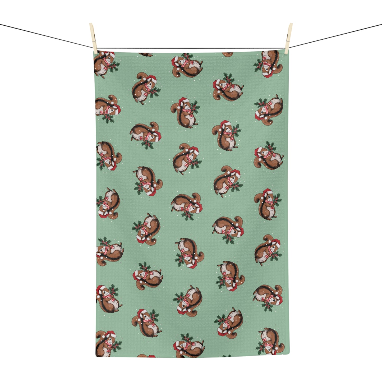 Christmas Squirrels Kitchen Hand Towel Microfiber Sage Green Holiday Tea Towel with Snowy Squirrel in Santa Hat Pattern