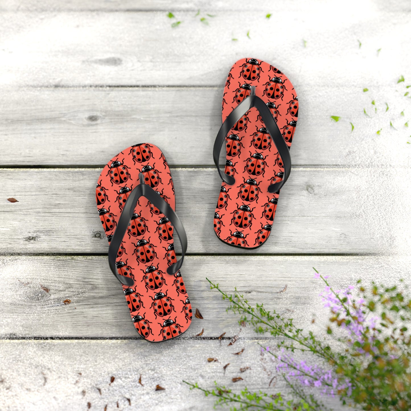 Ladybug Pattern Flip Flops | Red Insect Bug Print Summer Sandals, Ladybugs Beach Pool Footwear