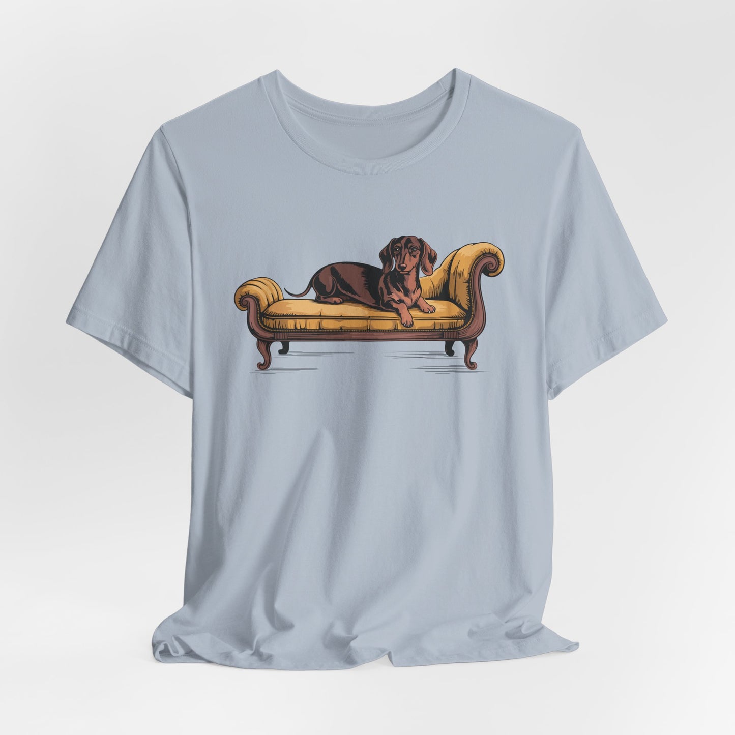 Dachshund Dog on Vintage Chaise Lounge T-Shirt | Wiener Dogs Sofa Illustration Short Sleeve Cotton Tee Shirts