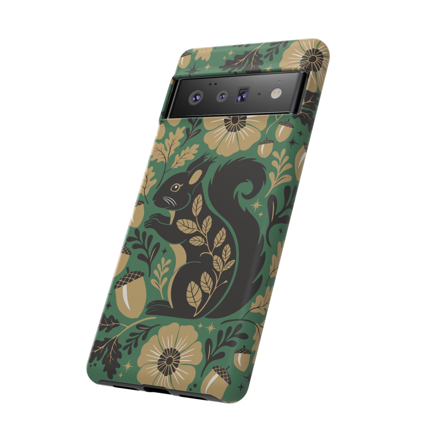 Green Squirrel Floral Pattern Cell Phone Case | Botanical Folk Art Acorn Leaves Design, Iphone Google Pixel Samsung Cases Matte Finish