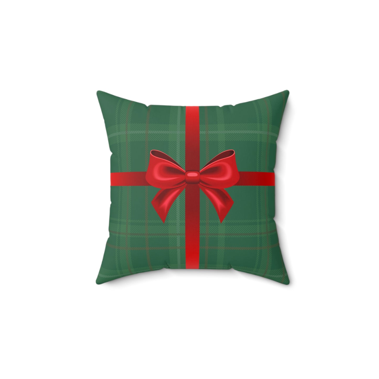 Holiday Gift Throw Pillow, Red Bow on Green Plaid Wrapped Present Pillows, Christmas Home Decor Xmas Decorations, Square Cushion and Cover