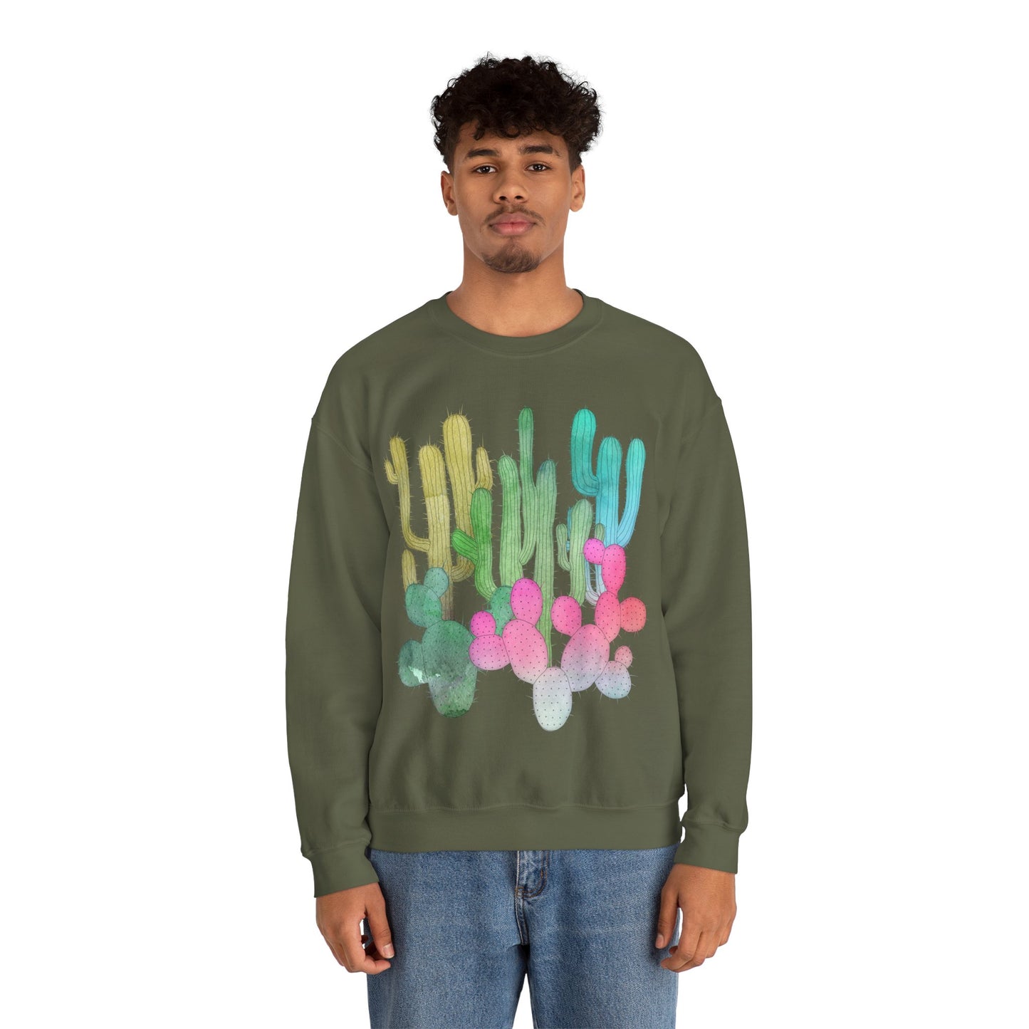 Cactus Garden Arizona Desert Crewneck Pullover Sweatshirt Colorful Saguaro Cactus Print