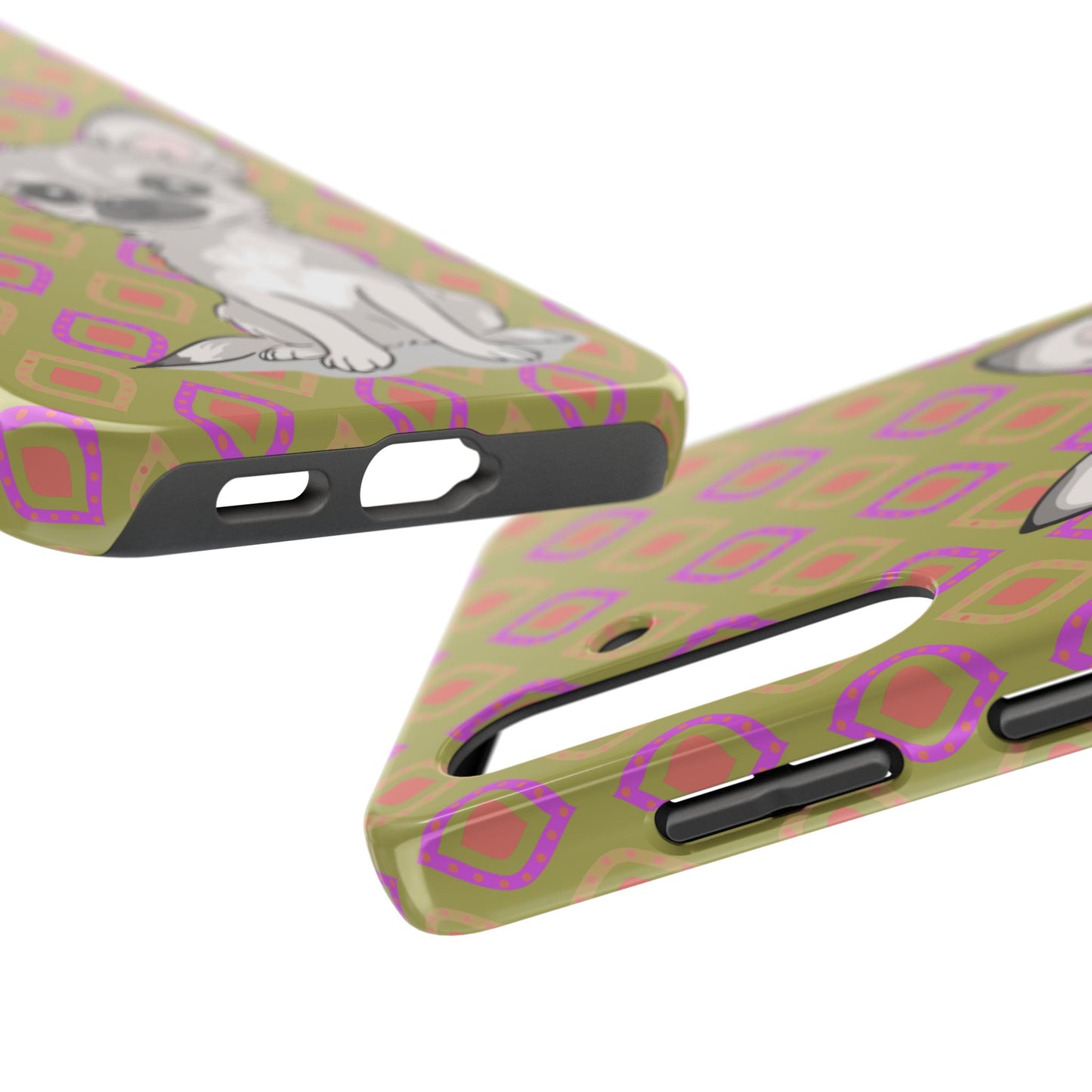 White Chihuahua Puppy Dog Phone Case, Tough Phone Cases Pet Dogs Retro Green  Pattern