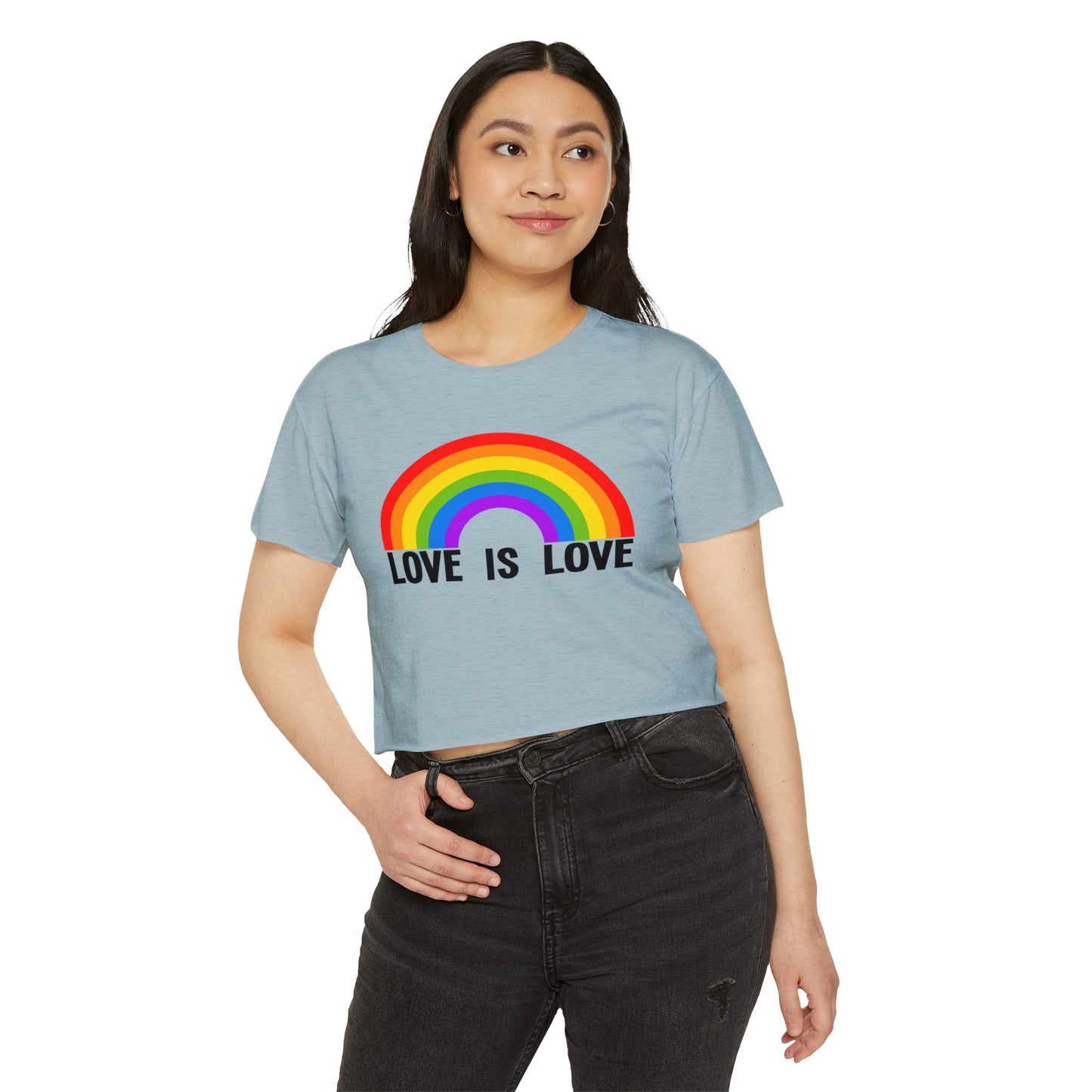 Love Is Love Rainbow Crop Top, Womens LGBTQIA Summer Pride Festival Cropped Tee, Lesbian Gay Queer Ally Apparel Scissors